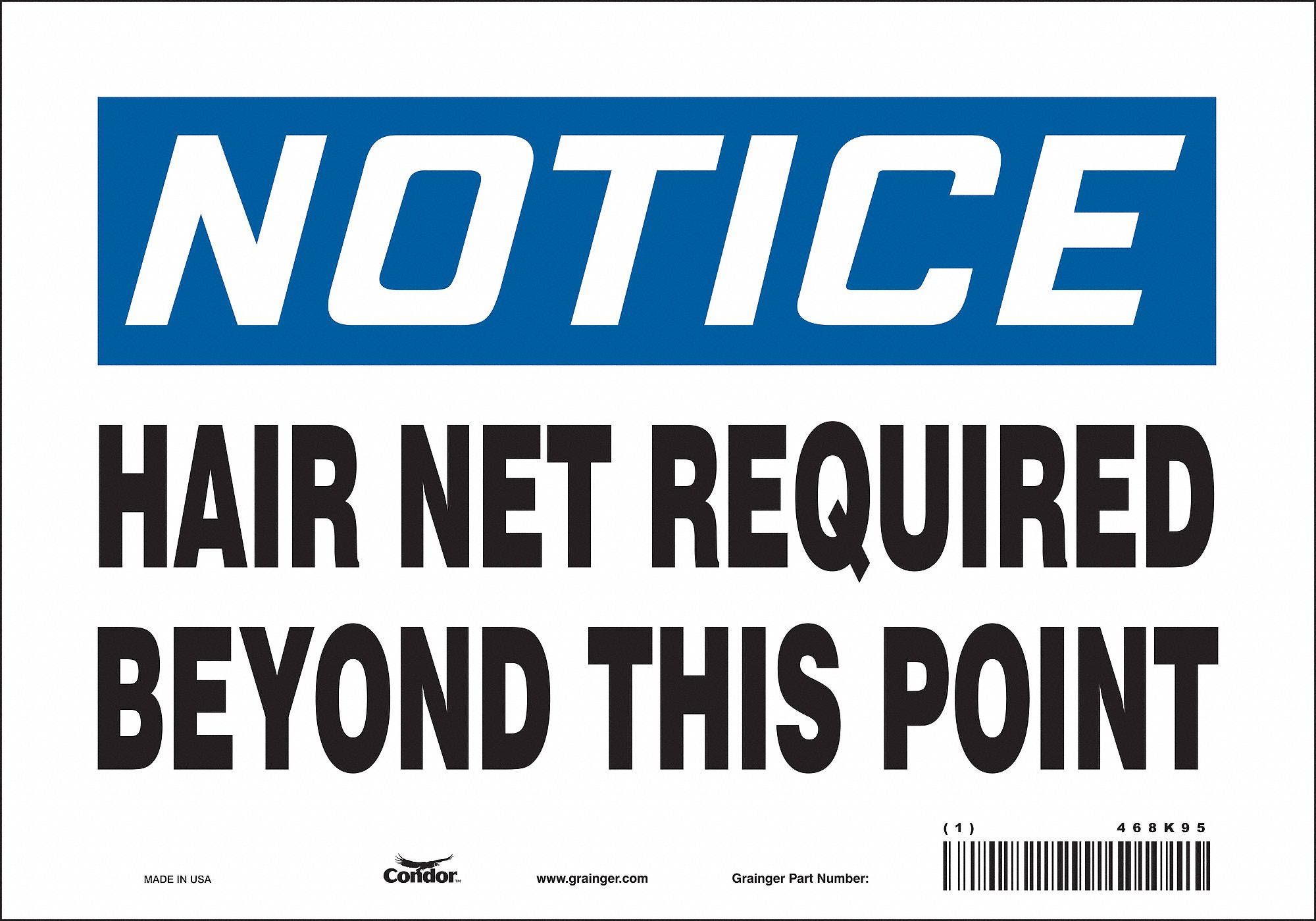 Condor Safety Sign Hair Net Required Beyond This Point Sign Header Notice Vinyl 7 In X 10 In 7923