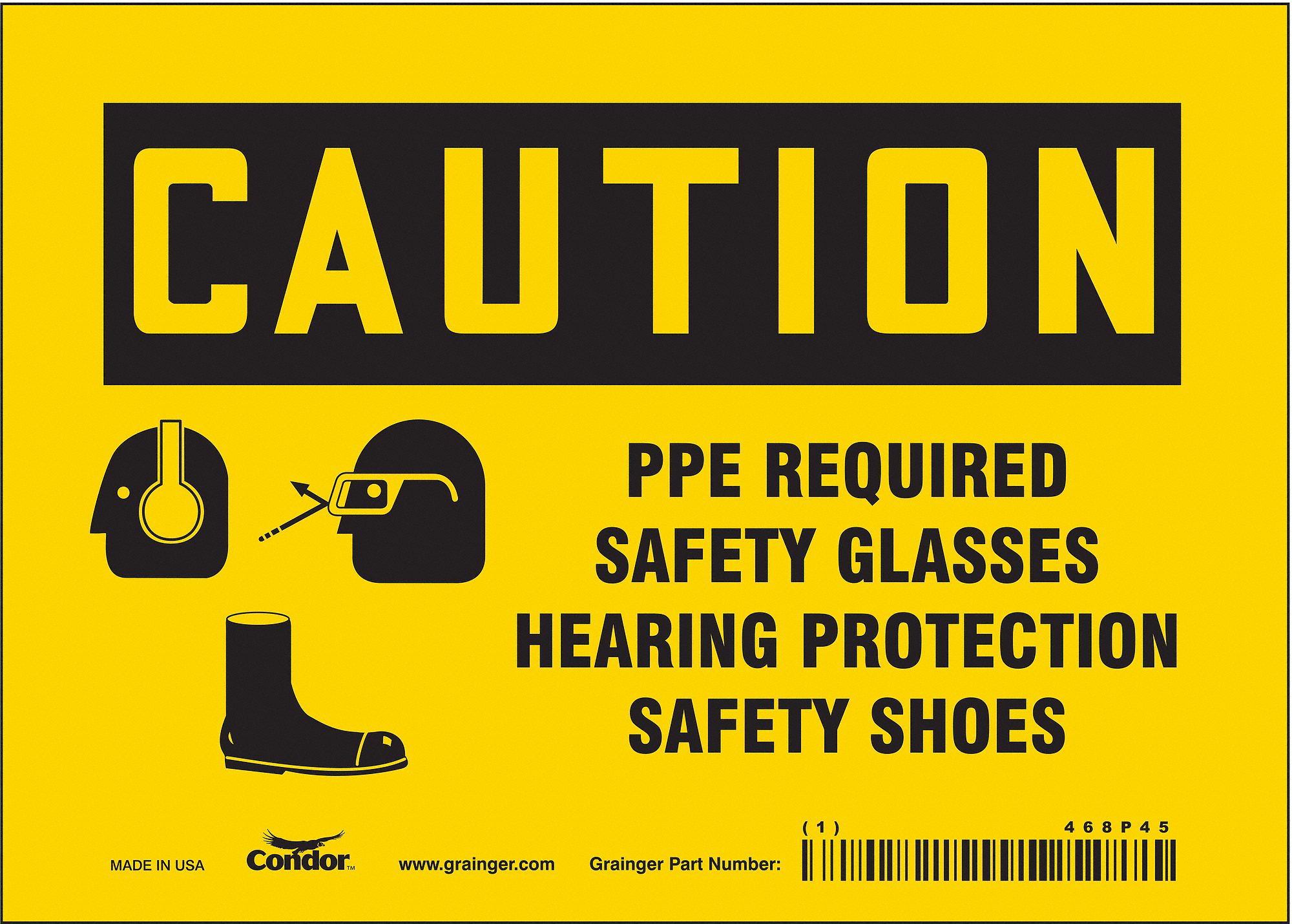 SAFETY SIGN, VINYL, ADHESIVE, 5X7 IN, NOT RETROREFLECTIVE, WALL, PPE REQUIRED SAFETY GLASSES HEARING PROTECTION SAFET...