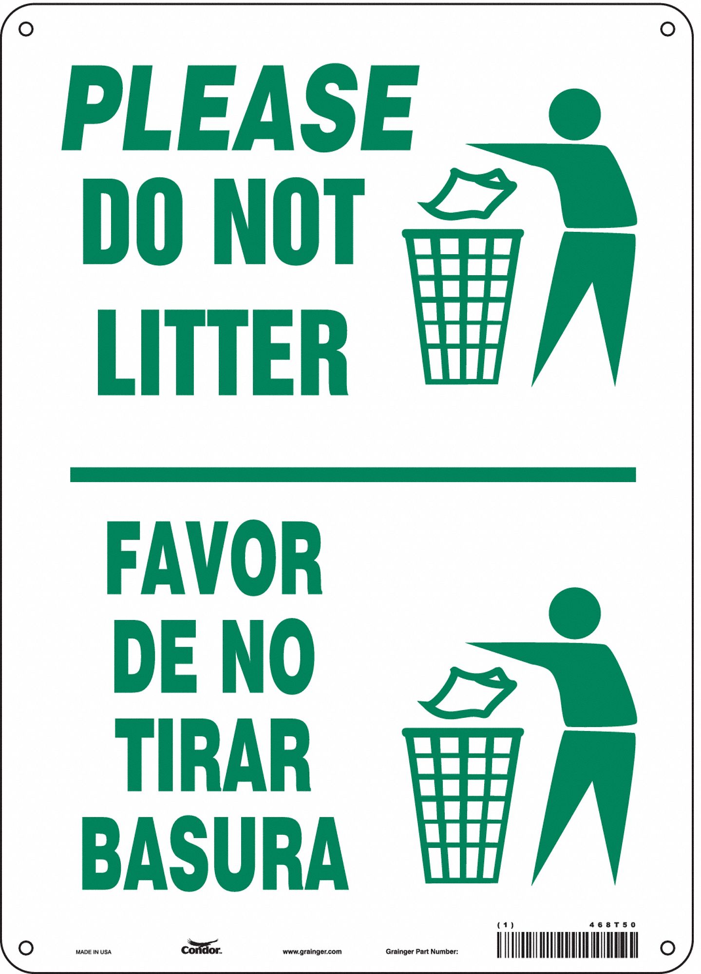 SAFETY SIGN, ALUMINUM, HOLE MOUNT, 14 X 10IN, 0.032IN THICK, PLEASE DO NOT LITTER/FAVOR DE NO TIRAR BASURA