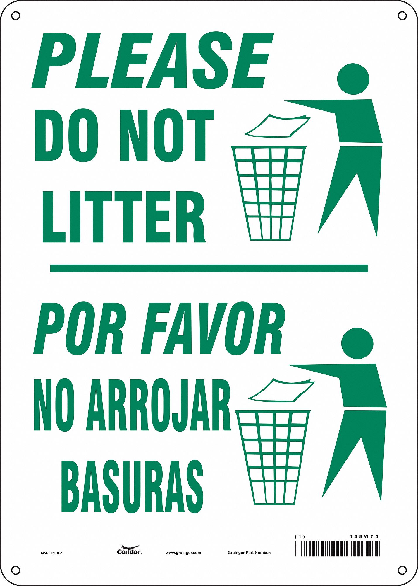 Safety Sign: Polyethylene, Mounting Holes Sign Mounting, 14 in x 10 in Nominal Sign Size