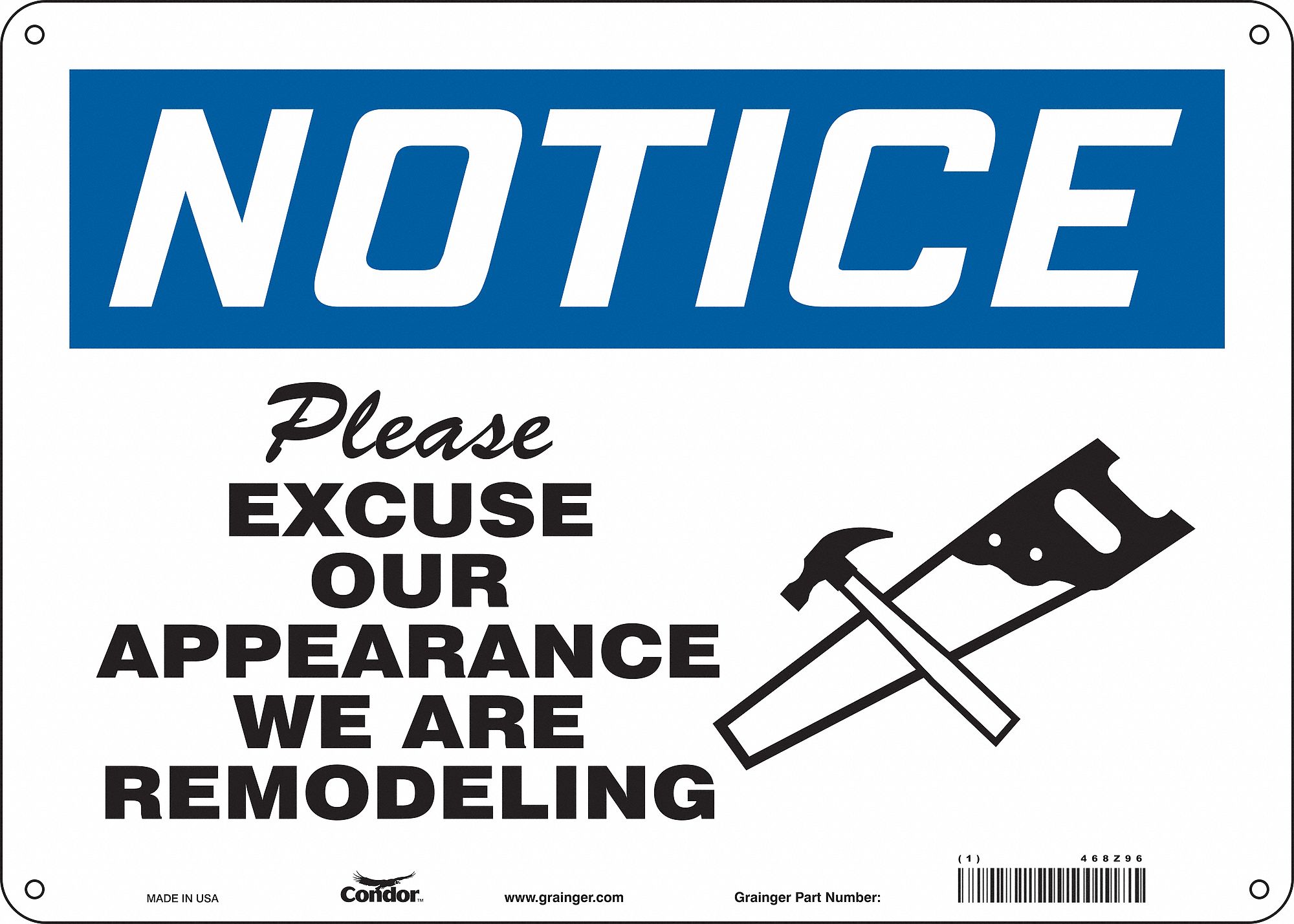 Safety Sign: Aluminum, Mounting Holes Sign Mounting, 10 in x 14 in Nominal Sign Size, 0.032 in Thick