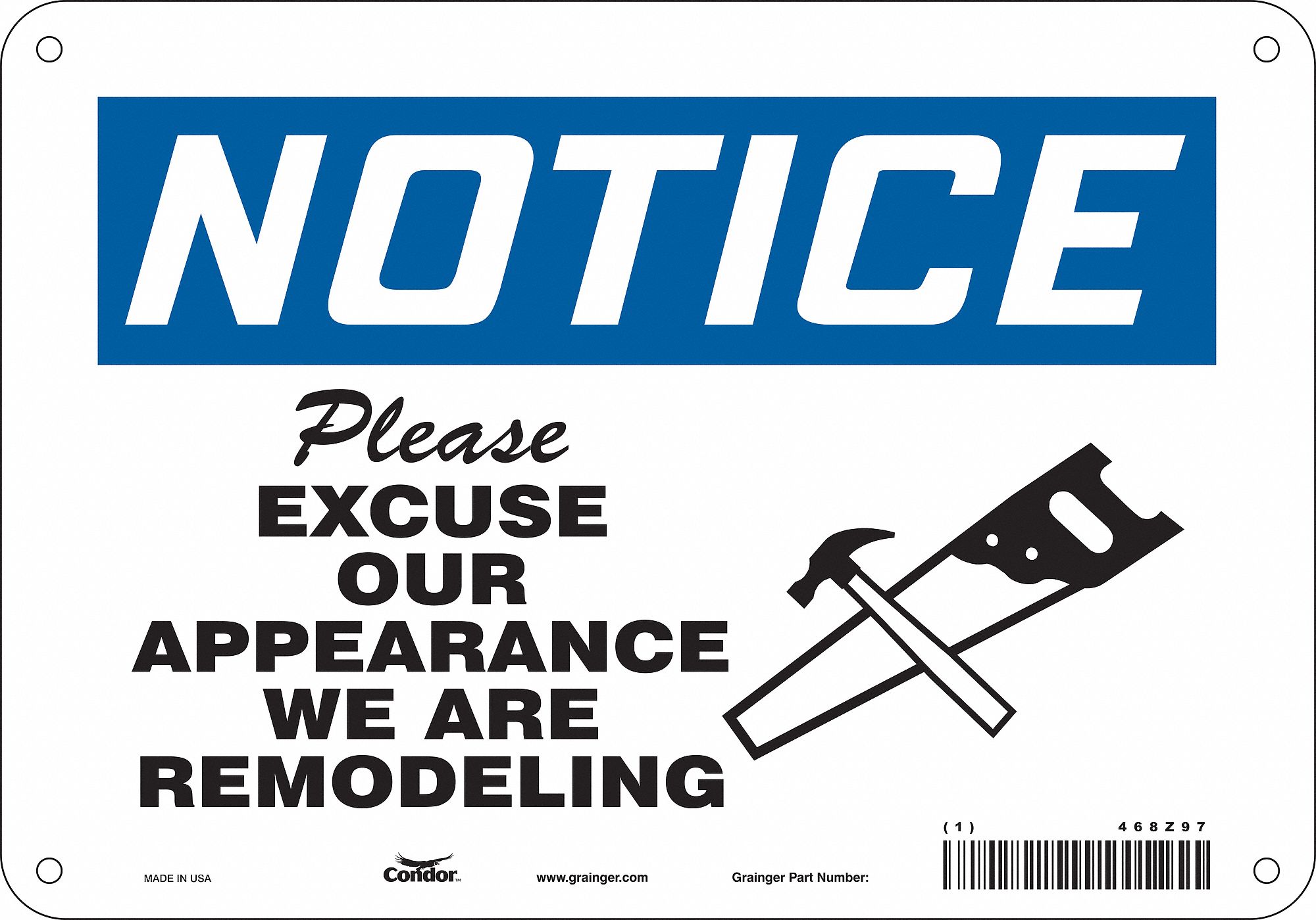 Safety Sign: Polyethylene, Mounting Holes Sign Mounting, 7 in x 10 in Nominal Sign Size