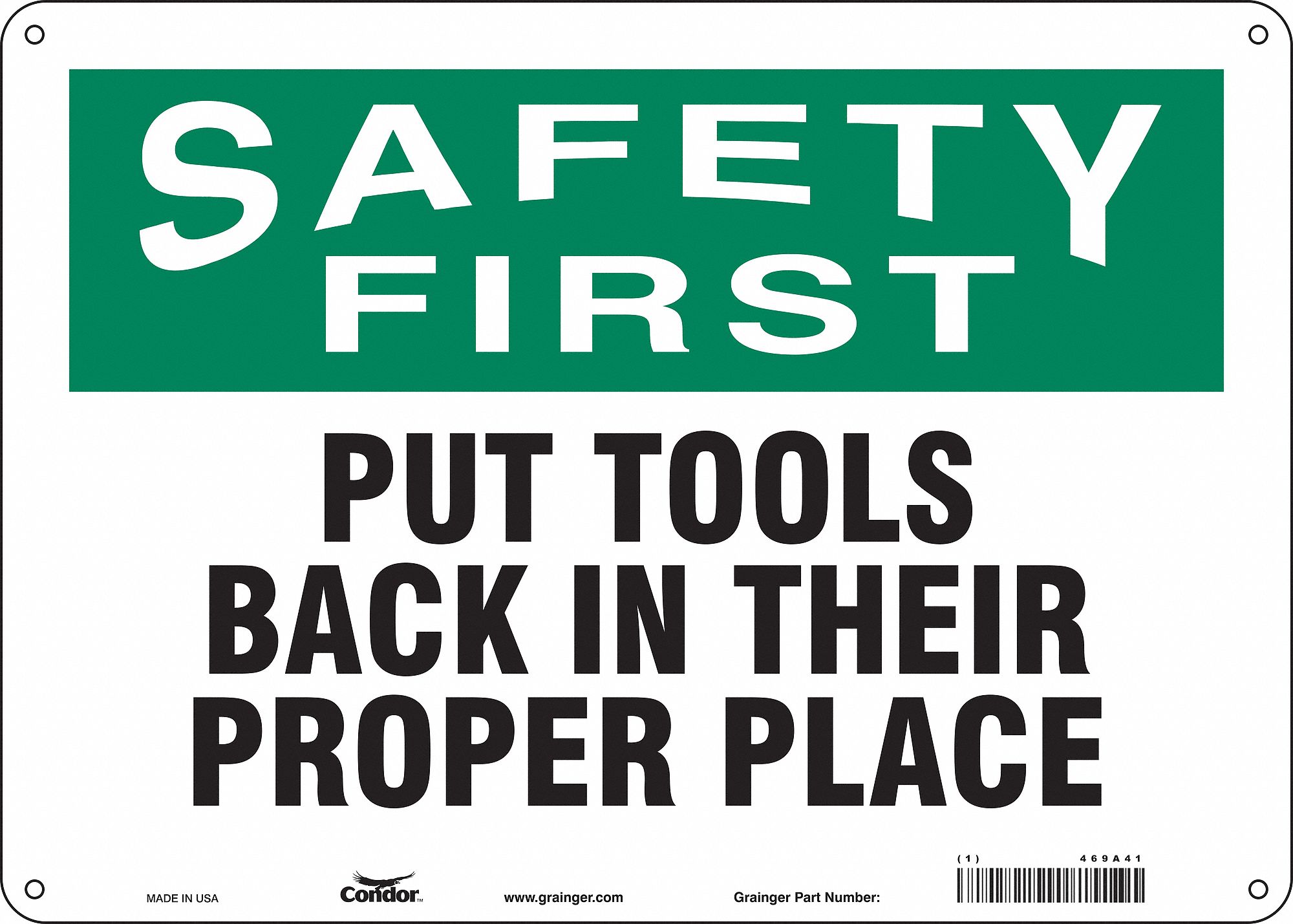 CONDOR Safety Sign, Sign Format Traditional OSHA, Put Tools Back In ...