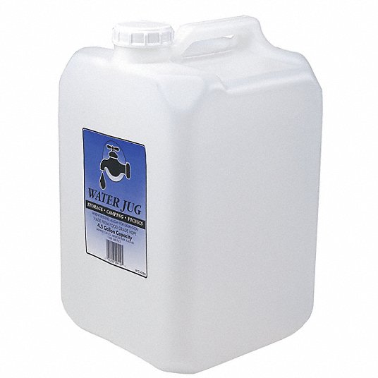 Water Container: 4.5 gal Capacity, 15 1/2 in Ht, 9 1/4 in Lg, 9 1/4 in Wd, Clear