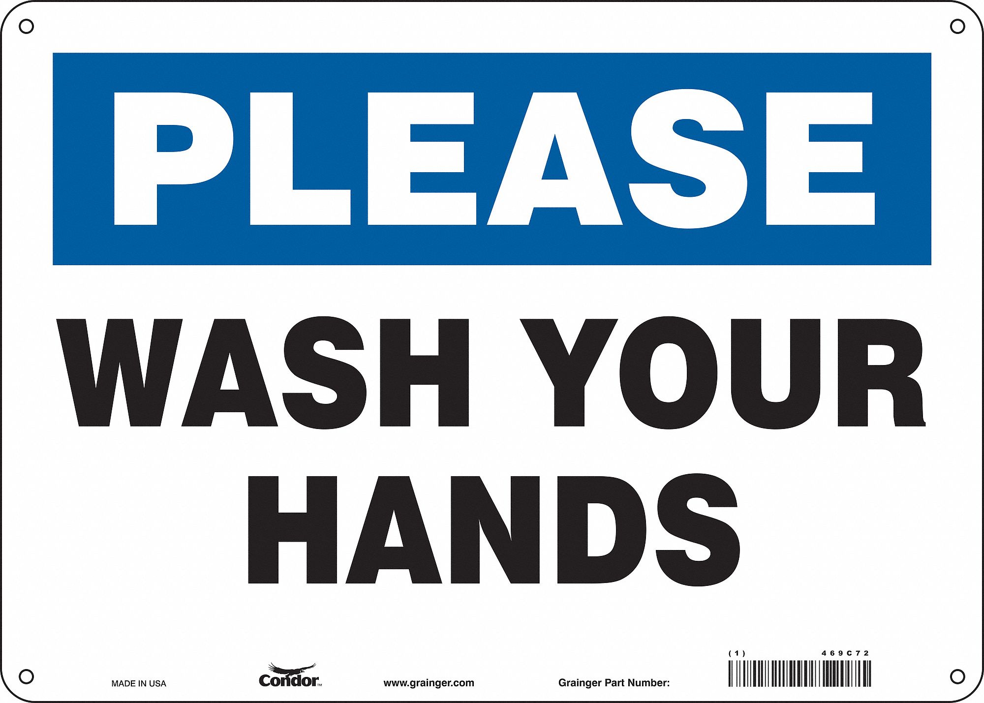 Safety Sign: Polyethylene, Mounting Holes Sign Mounting, 10 in x 14 in Nominal Sign Size, Blue/White