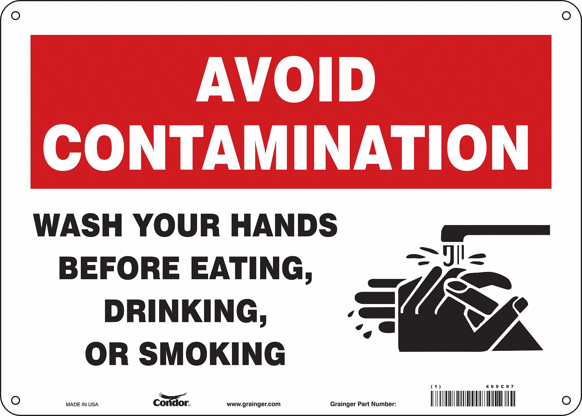 Safety Sign: Polyethylene, Mounting Holes Sign Mounting, 10 in x 14 in Nominal Sign Size, Red/White