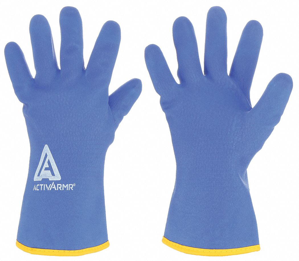 Coated Gloves: PVC Coating, Gauntlet Cuff, L Glove Size, Yellow / Blue, Nylon Lining, 1 PR