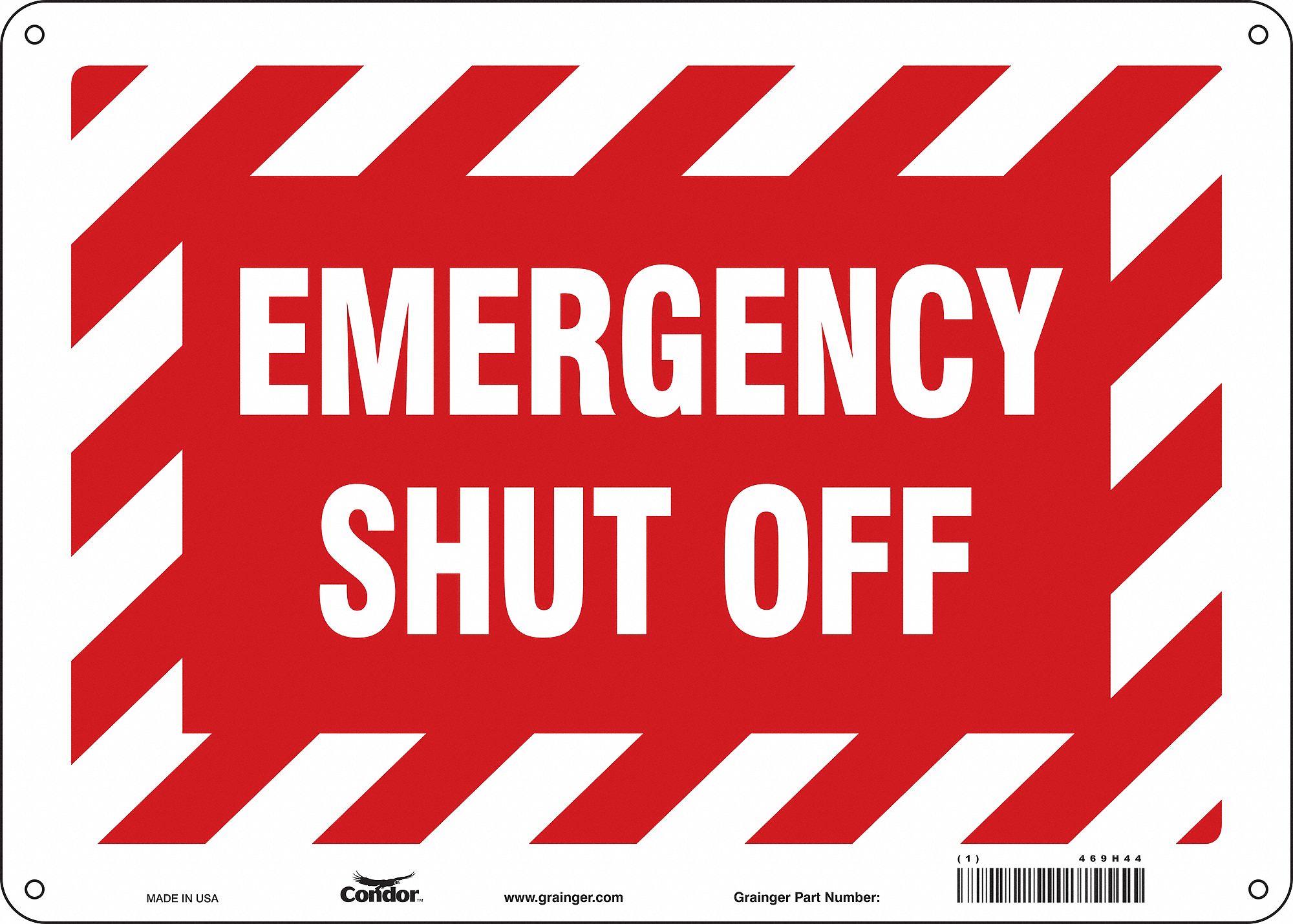 SAFETY SIGN, ALUMINUM, MOUNTING HOLES, 10 IN X 14 IN NOMINAL SIGN SIZE, 0.032 IN THICK, EMERGENCY SHUT OFF