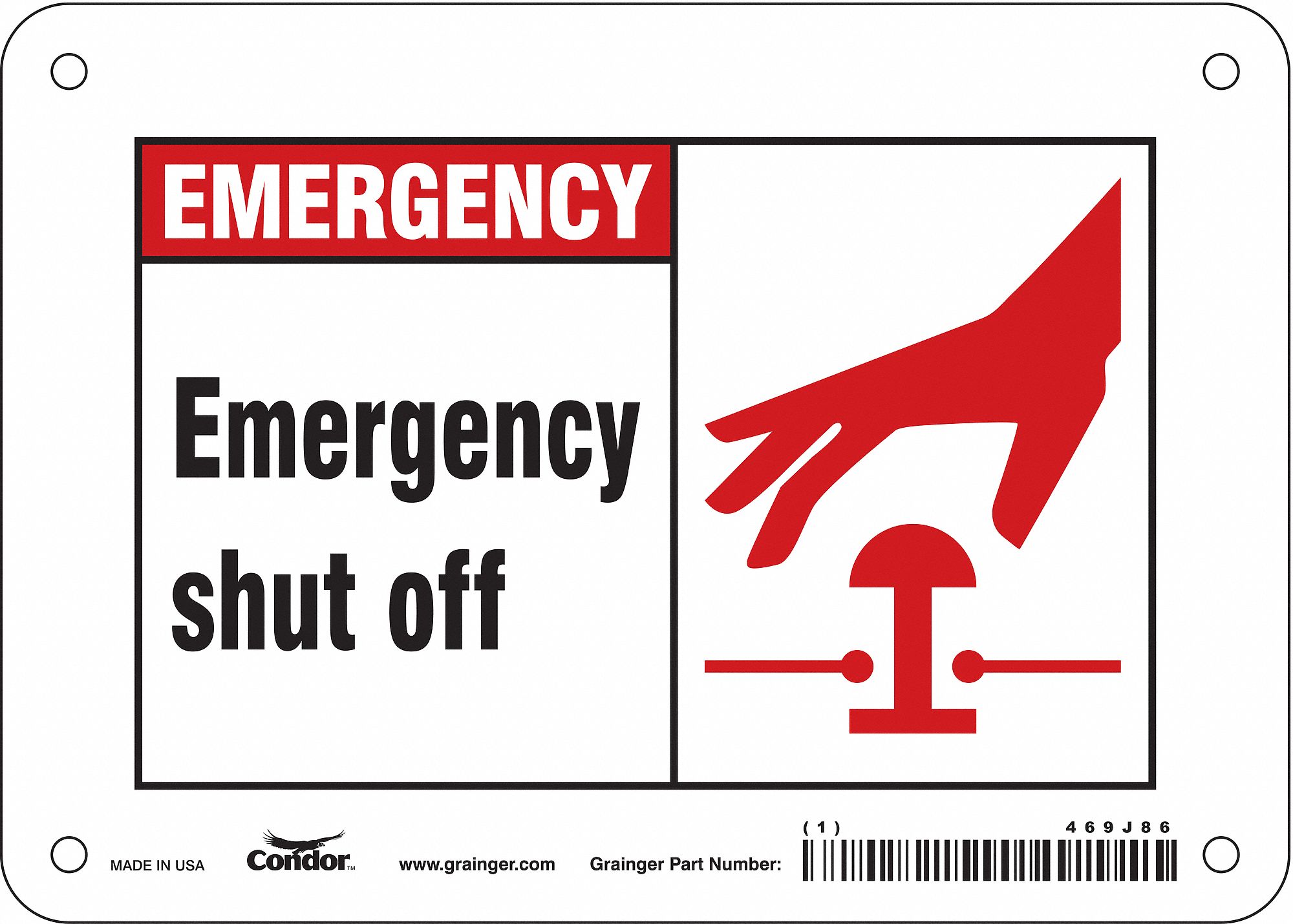 Safety Sign: Polyethylene, Mounting Holes Sign Mounting, 5 in x 7 in Nominal Sign Size, Emergency