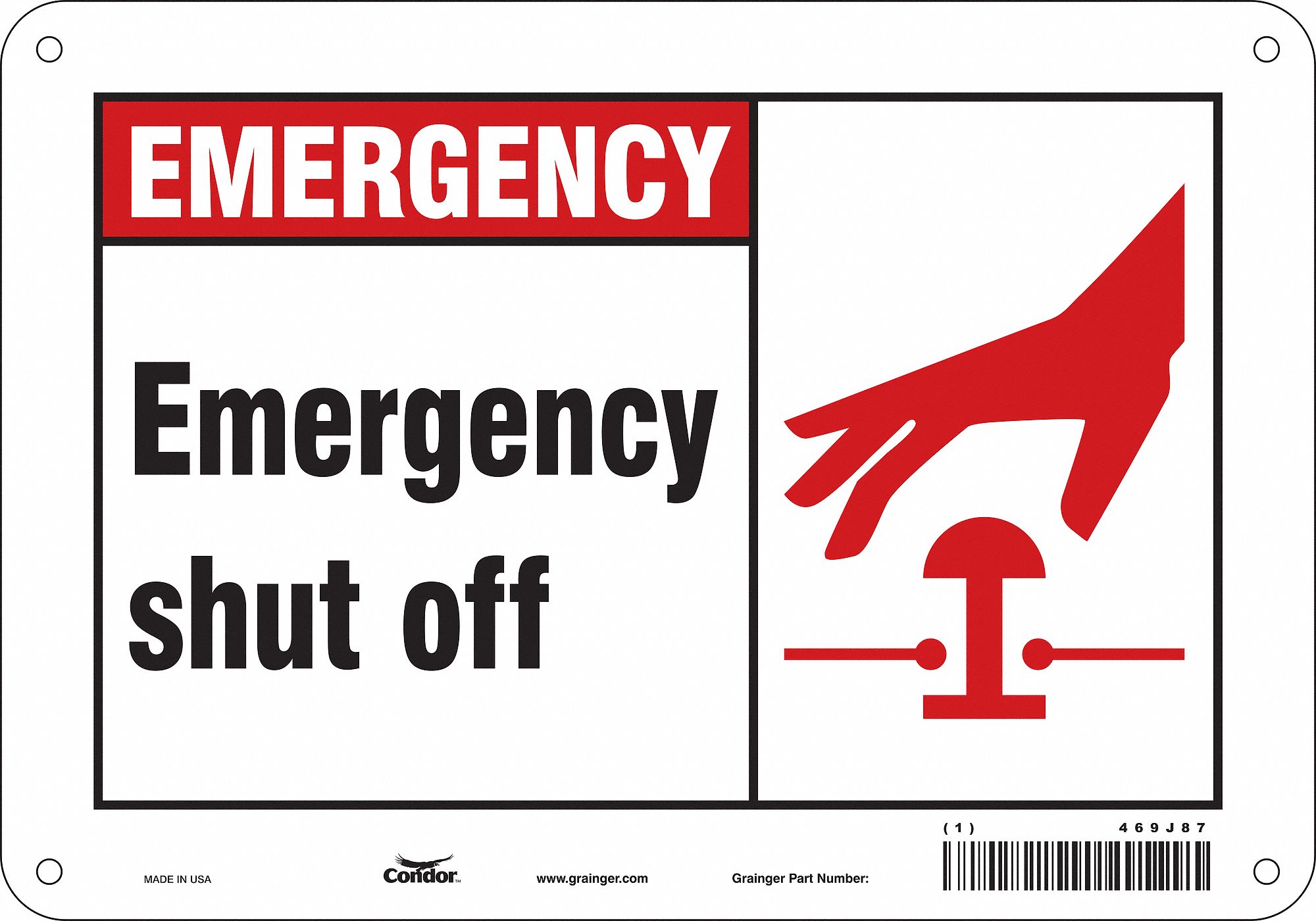 Safety Sign: Polyethylene, Mounting Holes Sign Mounting, 7 in x 10 in Nominal Sign Size, Emergency