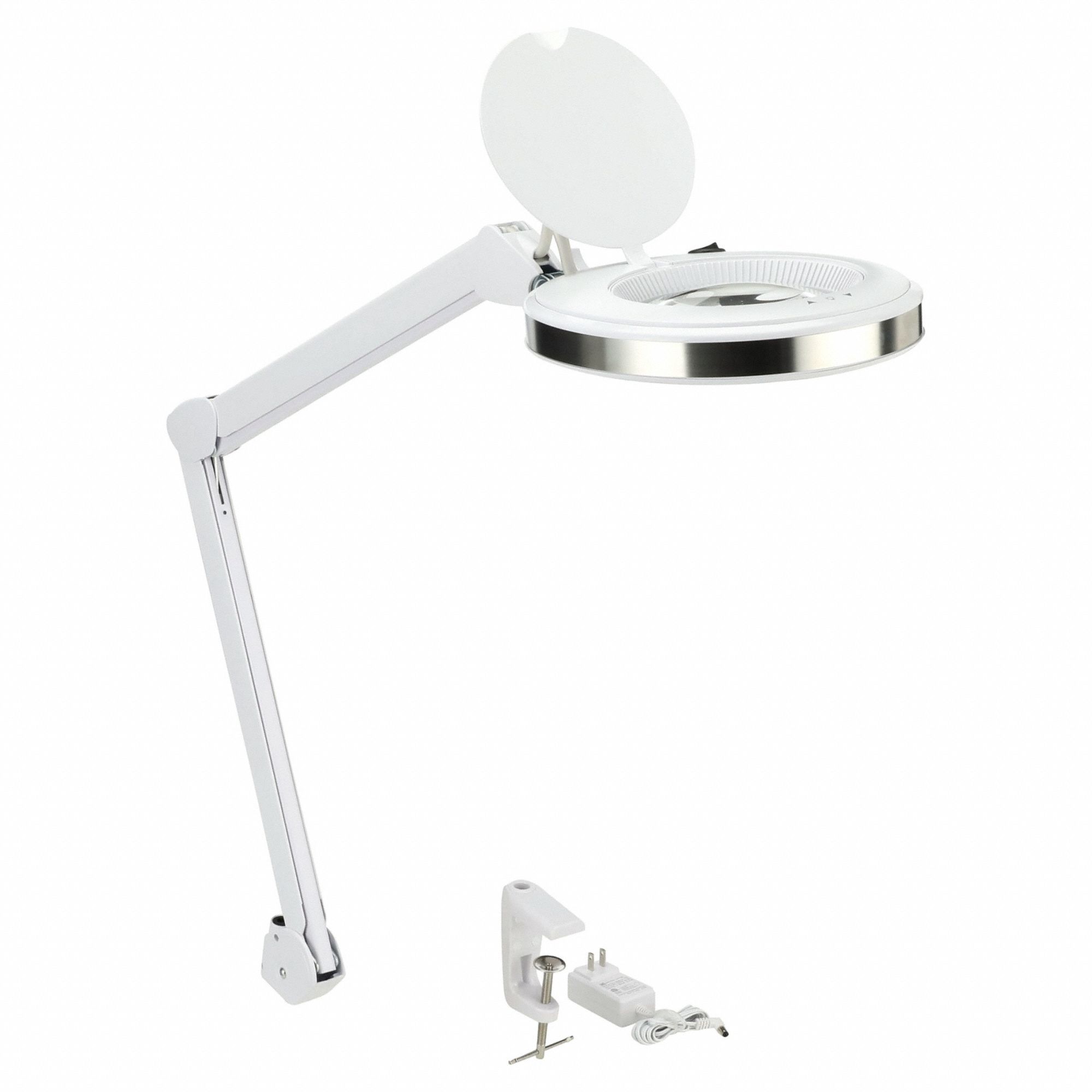 Round Magnifier Light: LED, 2.25x, 5 Diopter, 800 lm Max Brightness, 36 in Arm Reach, 6500K
