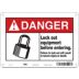 Danger: Lock Out Equipment Before Entering. Failure To Lock Out Will Result In Severe Injury Or Death. Signs