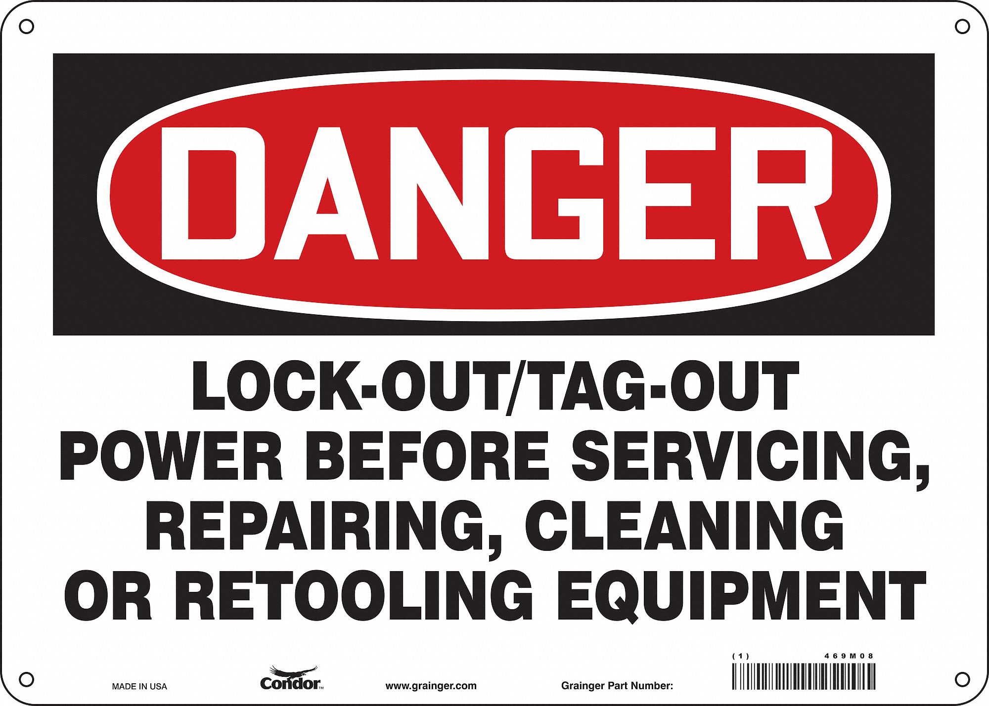SAFETY SIGN, PE, HOLE MOUNT, 7X10 IN, DANGER, LOCK-OUT/TAG-OUT POWER BEFORE SERVICING, REPAIRING, CLEANING OR RETOOLI...