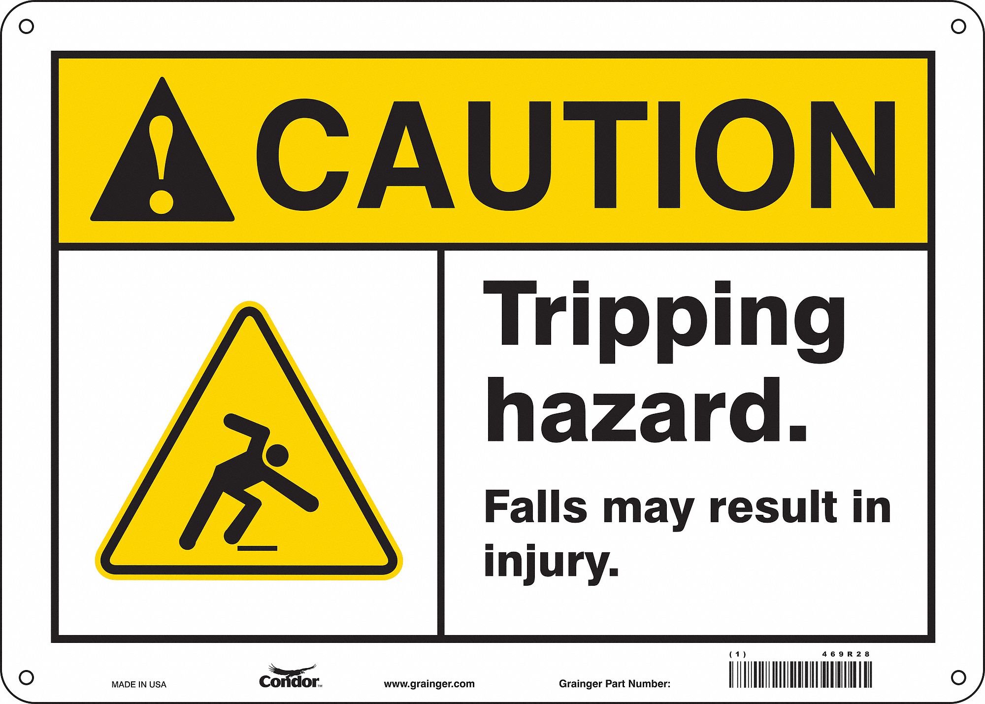 SAFETY SIGN, POLYETHYLENE, HOLE MOUNT, 10 X 14IN NOMINAL SIGN SIZE, CAUTION, TRIPPING HAZARD. FALLS MAY RESULT IN INJURY