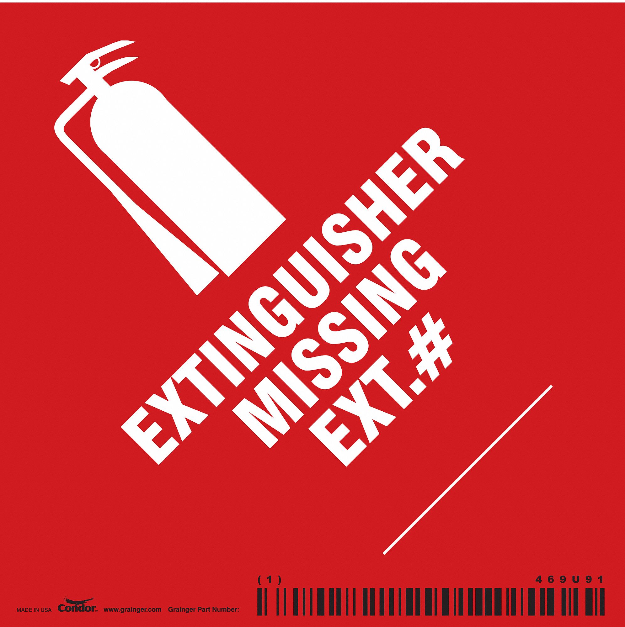 SAFETY SIGN, VINYL, ADHESIVE MOUNT, 3½ IN X 3½ IN NOMINAL SIGN SIZE, 0.004 IN THICK, EXTINGUISHER MISSING EXT. #