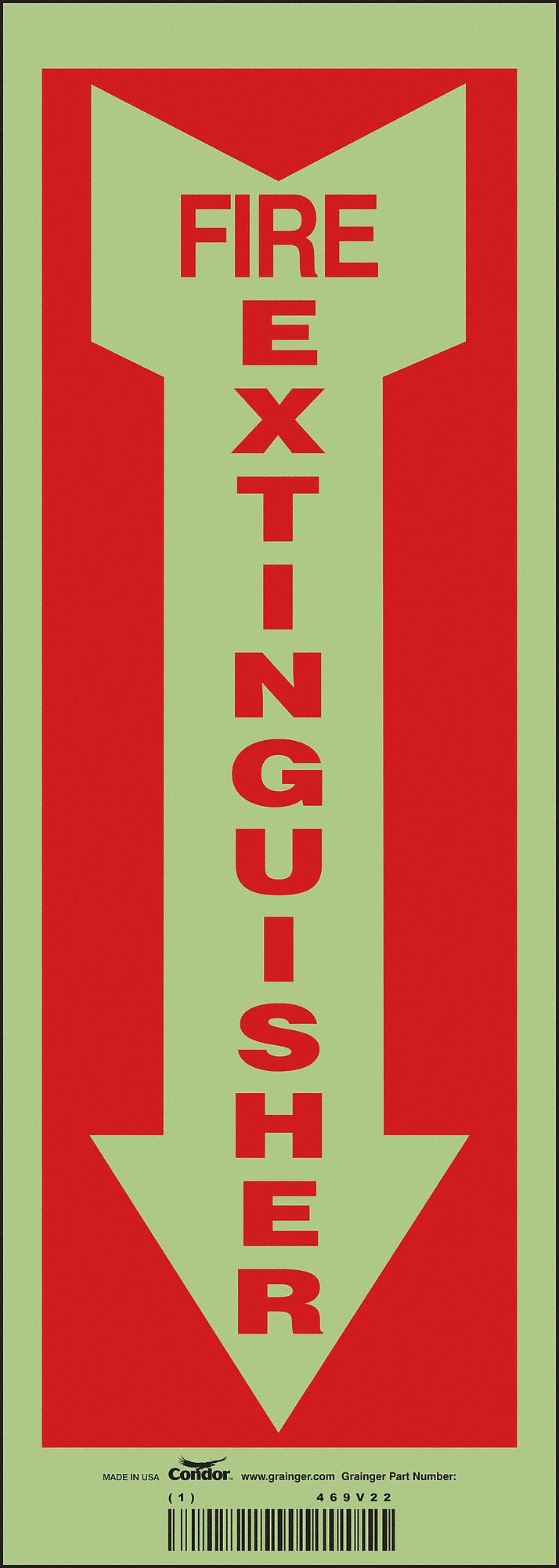 SAFETY SIGN, GLOW VINYL, ADHESIVE MOUNT, 14 IN X 5 IN NOMINAL SIGN SIZE, NOT RETROREFLECTIVE, FIRE EXTINGUISHER