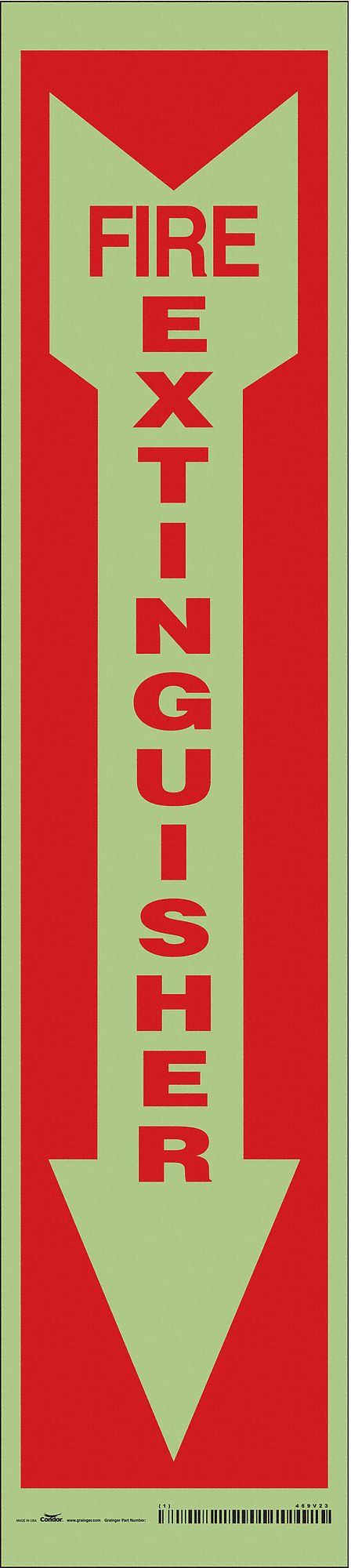 SAFETY SIGN, GLOW VINYL, ADHESIVE MOUNT, 18 IN X 4 IN NOMINAL SIGN SIZE, NOT RETROREFLECTIVE, FIRE EXTINGUISHER