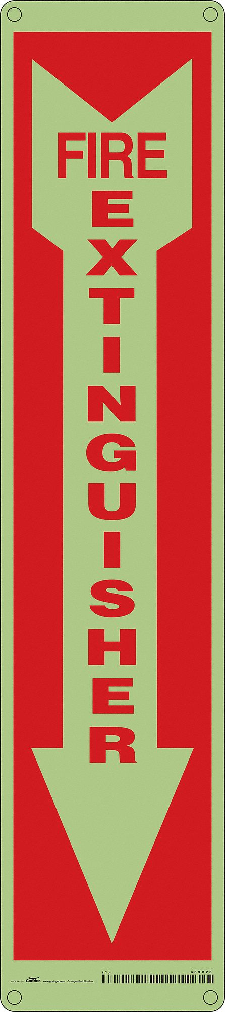 SAFETY SIGN, POLYETHYLENE, MOUNTING HOLES, 18 IN X 4 IN NOMINAL SIGN SIZE, FIRE EXTINGUISHER