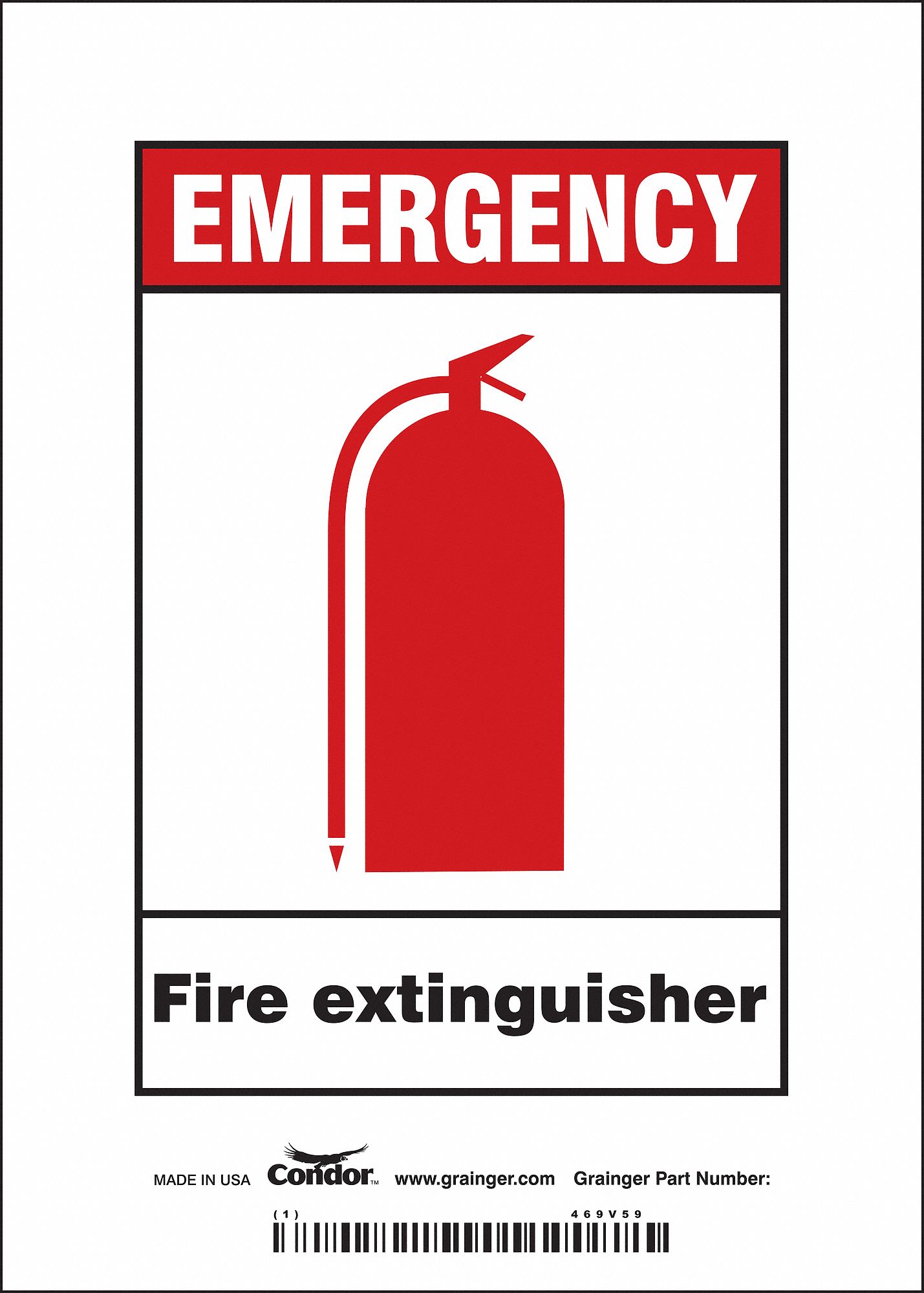 SAFETY SIGN, VINYL, ADHESIVE MOUNT, 7 IN X 5 IN NOMINAL SIGN SIZE, NOT RETROREFLECTIVE, EMERGENCY FIRE EXTINGUISHER