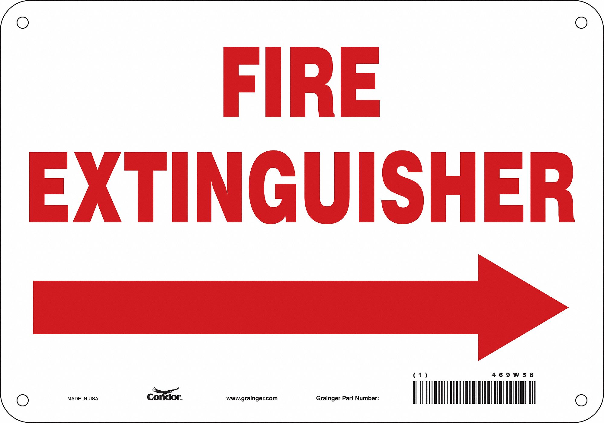 SAFETY SIGN, POLYETHYLENE, MOUNTING HOLES, 7 IN X 10 IN NOMINAL SIGN SIZE, FIRE EXTINGUISHER