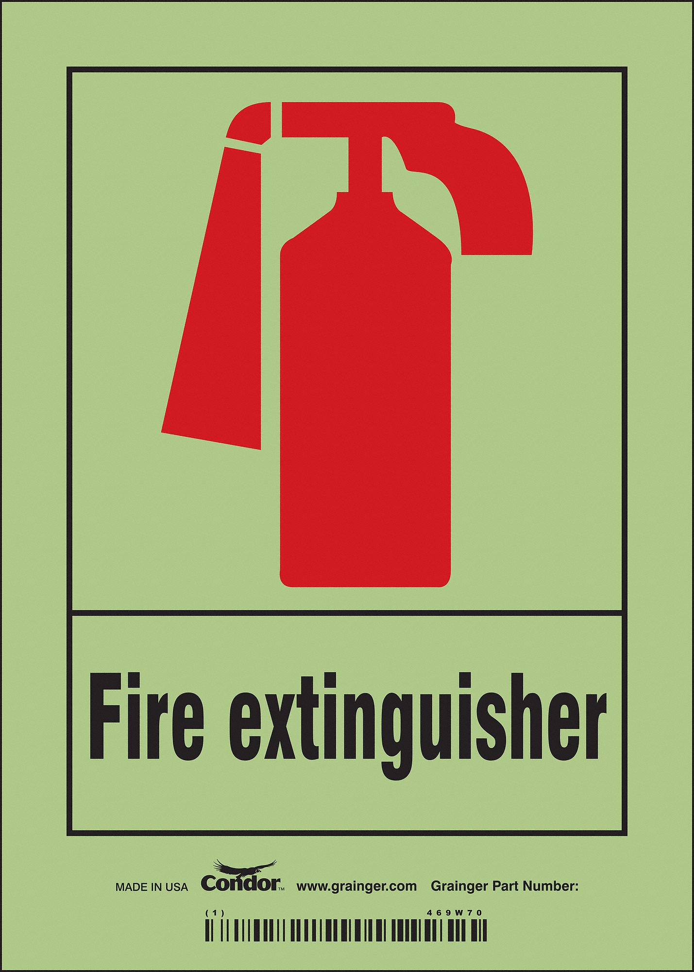 SAFETY SIGN, GLOW VINYL, ADHESIVE MOUNT, 7 IN X 5 IN NOMINAL SIGN SIZE, NOT RETROREFLECTIVE, FIRE EXTINGUISHER
