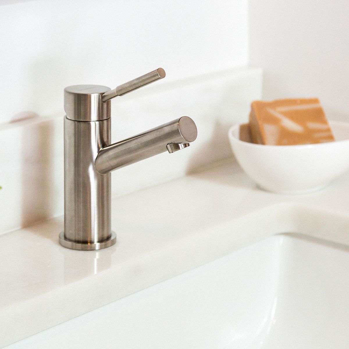 SPEAKMAN Brushed Nickel, Angled Straight, Bathroom Sink Faucet, Manual Faucet Activation, 1.2