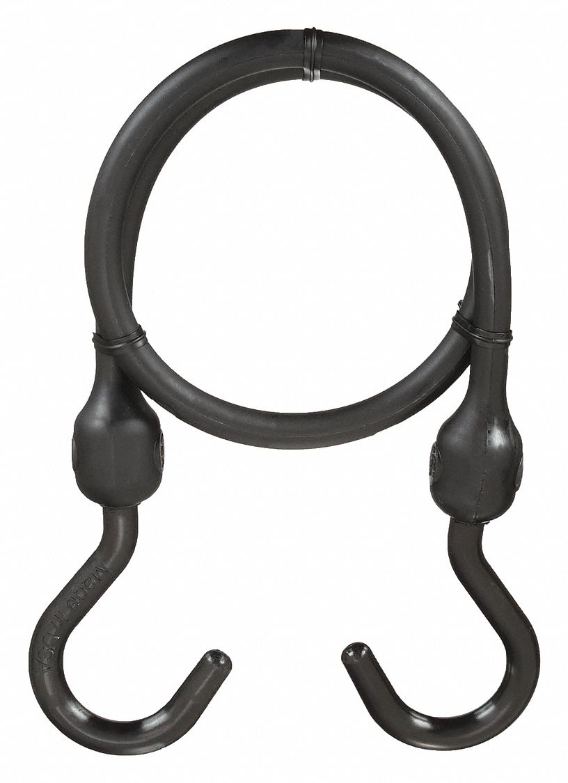 BUNGEE CORD, J-HOOK, 2¼ IN HOOK L, POLYURETHANE, 24 IN L, BLACK