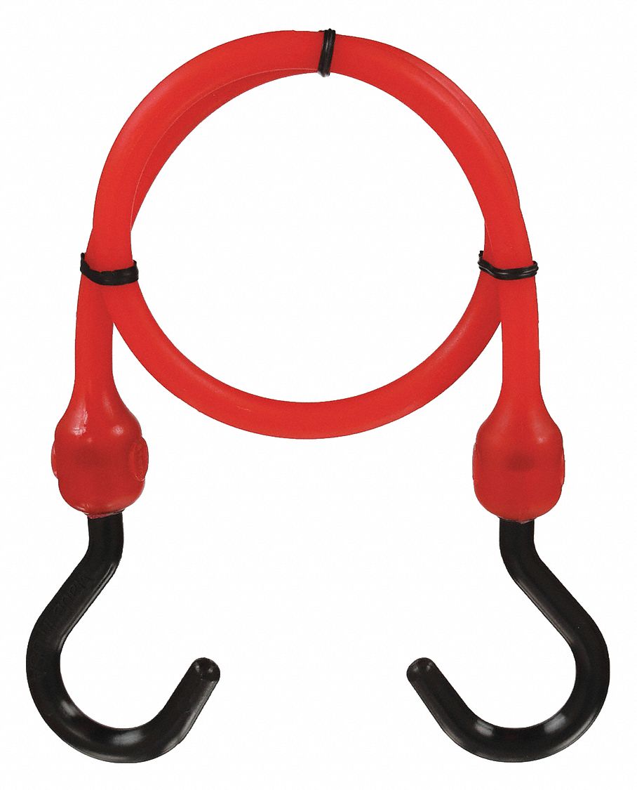 BUNGEE CORD, J-HOOK, 2¼ IN HOOK L, POLYURETHANE, 24 IN L, RED