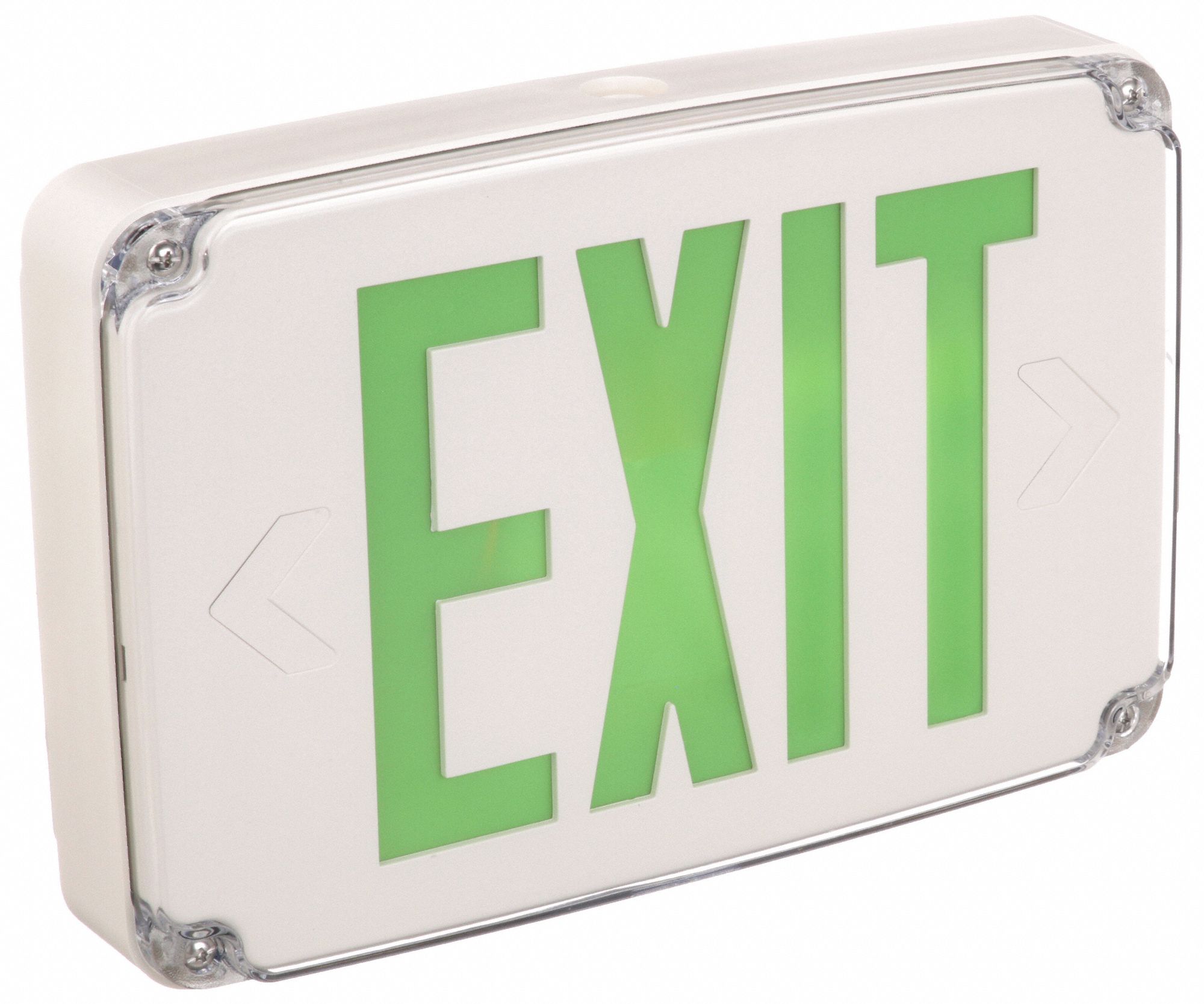 Exit Sign: Without Battery Backup, Green, 1 Faces, Plastic, Not Battery Powered, Ceiling, LED, White
