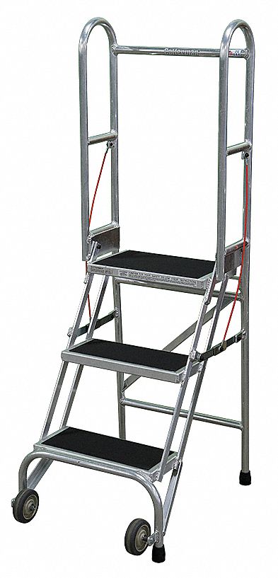 Rolling Ladder: 2.5 ft Platform Ht, Assembled, Aluminum, 350 lb Load Capacity