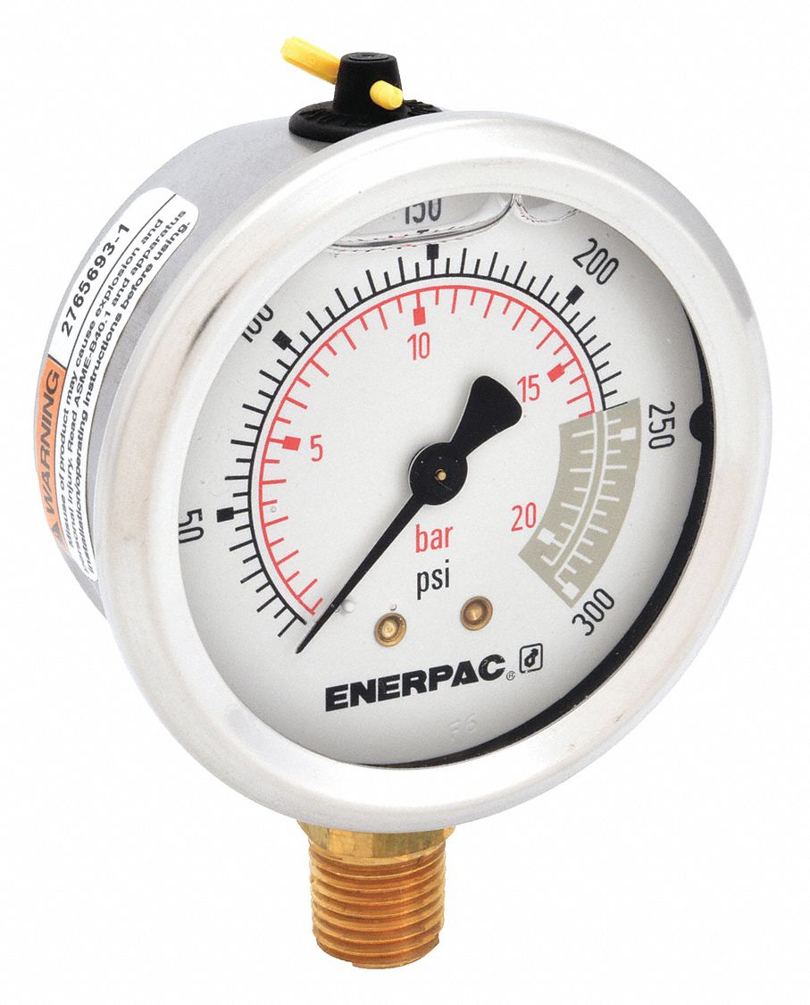 Hydraulic Cylinder Pressure Gauge: 0 psi to 300 psi, 2 1/2 in Dial, 1/4 in NPTF Male, Bottom
