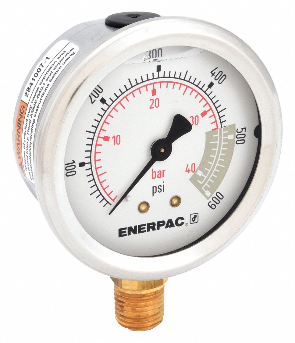 Hydraulic Cylinder Pressure Gauge: 0 psi to 600 psi, 2 1/2 in Dial, 1/4 in NPTF Male, Bottom