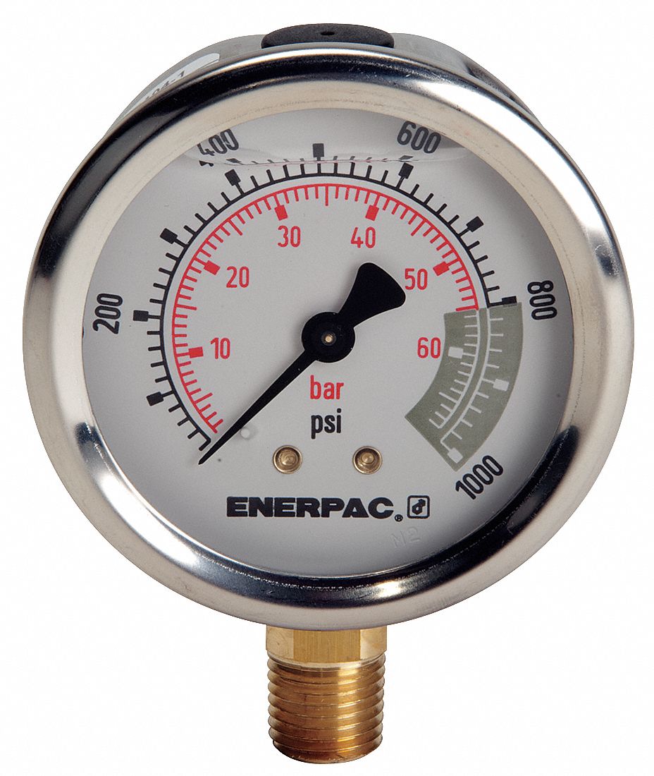 PRESSURE GAUGE, BOTTOM MOUNT, GLYCERIN-FILLED, 0-1000 PSI, 1/4 IN, 2 1/2 IN, SS/COPPER