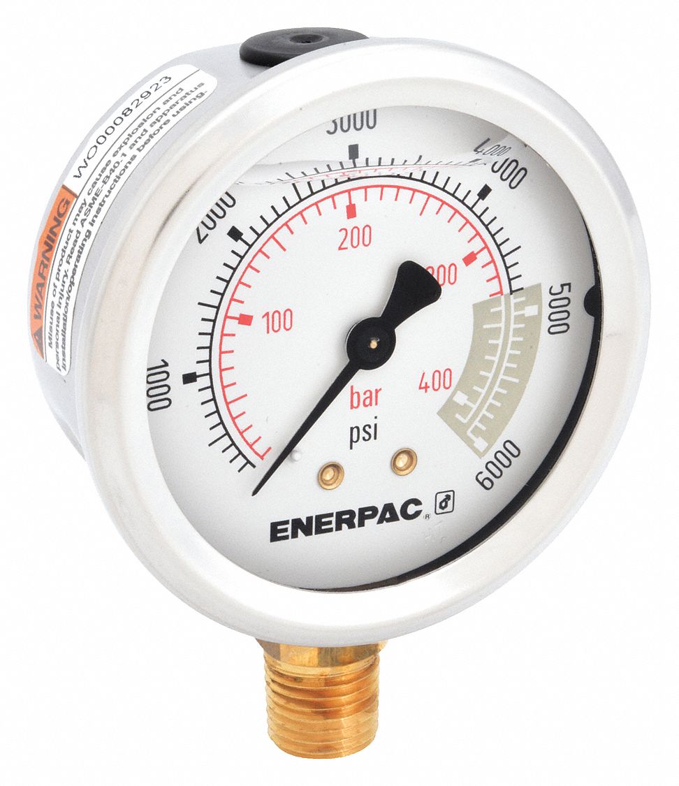 ENERPAC, 0 to 6,000 psi psi, 2 1/2 in Dial, Hydraulic Cylinder Pressure