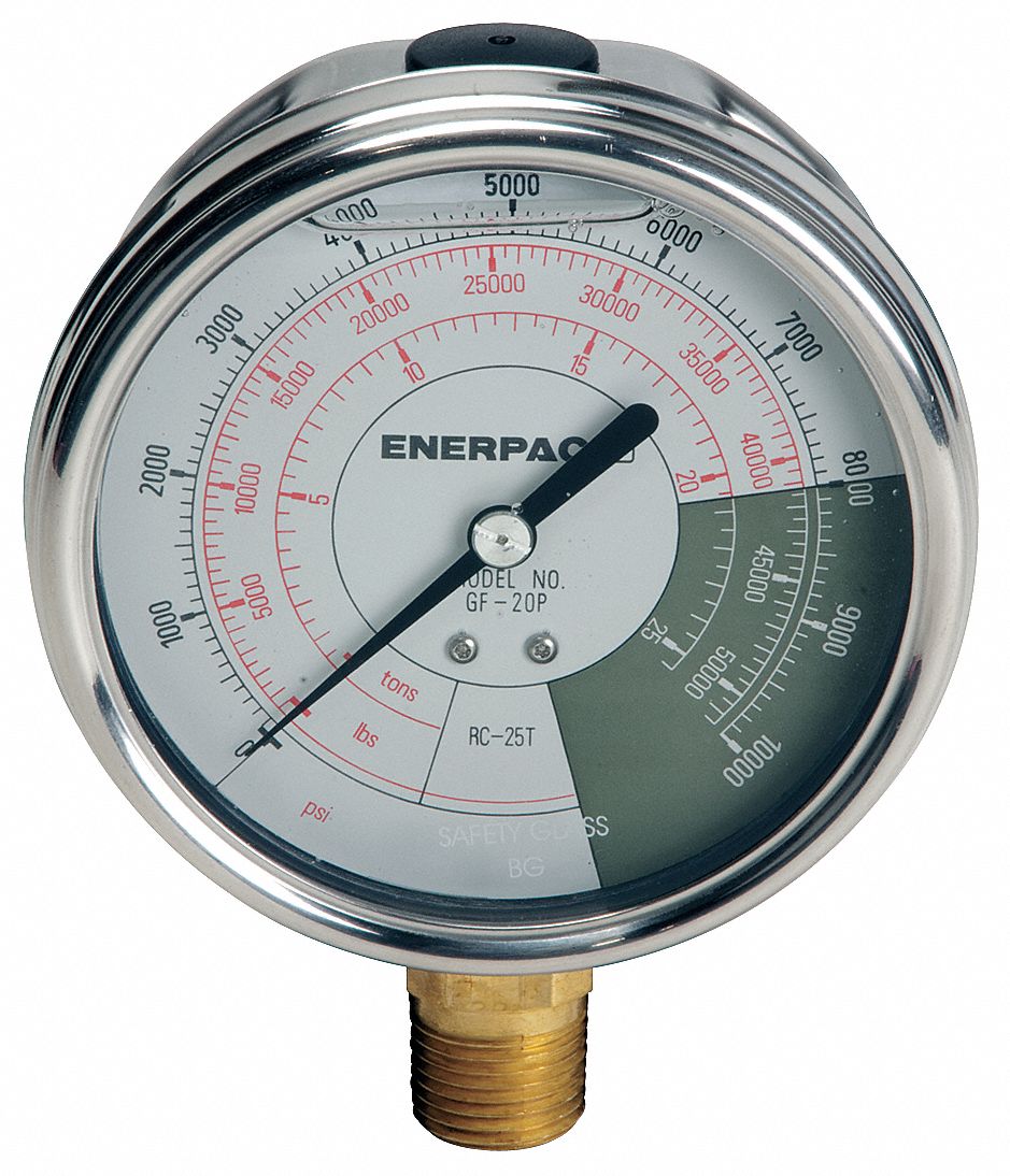 ENERPAC Hydraulic Cylinder Pressure Gauge 0 to 10,000 psi, 4 in Dial, LiquidFilled, Bottom, GF