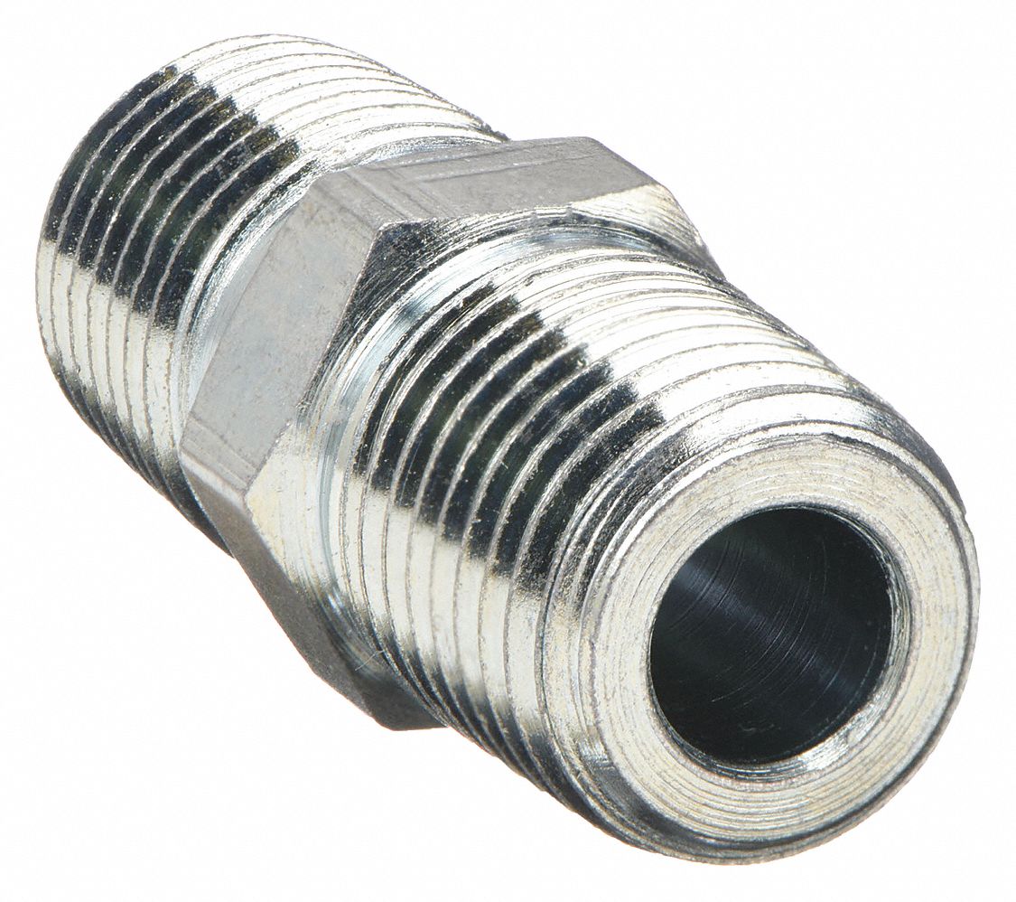 HYDRAULIC HOSE ADAPTER, ¼ X ¼ IN FITTING, MALE X MALE, NPTF X NPTF, RIGID, STRAIGHT