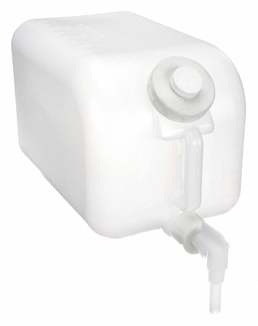 Jug: 20 L Capacity - mL, 5 gal Capacity - oz, Screw On/Spigot, HDPE, Integral Shoulder Handle, White