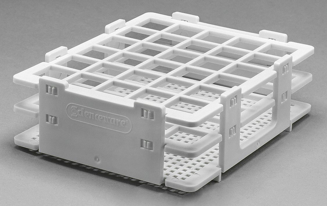 Tube Rack: 4 1/8 in Overall Wd, 1 3/4 in Overall Ht, 5 in Overall Lg, Polypropylene, White, Benchtop