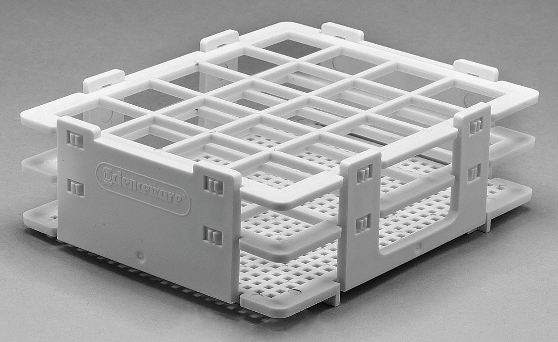 Tube Rack: 4 1/8 in Overall Wd, 1 3/4 in Overall Ht, 5 in Overall Lg, Polypropylene, White, Benchtop