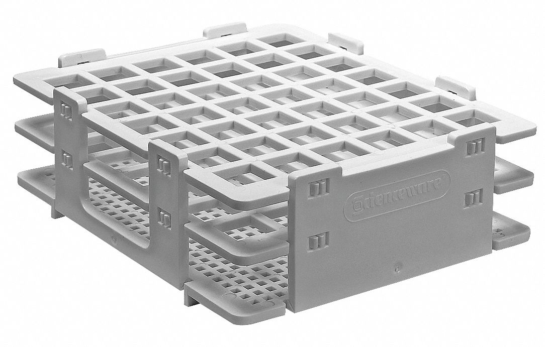 Tube Rack: 4 1/8 in Overall Wd, 1 3/4 in Overall Ht, 5 in Overall Lg, Polypropylene, White, Benchtop