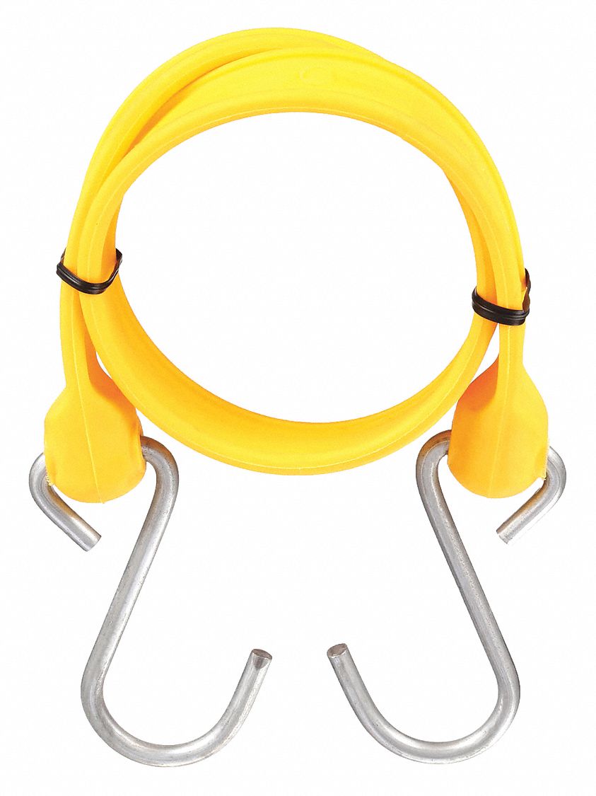 Bungee Strap: S-Hook, 3 in Hook Lg, Polyurethane, 1 1/2 in Wd, 24 in Lg, Yellow