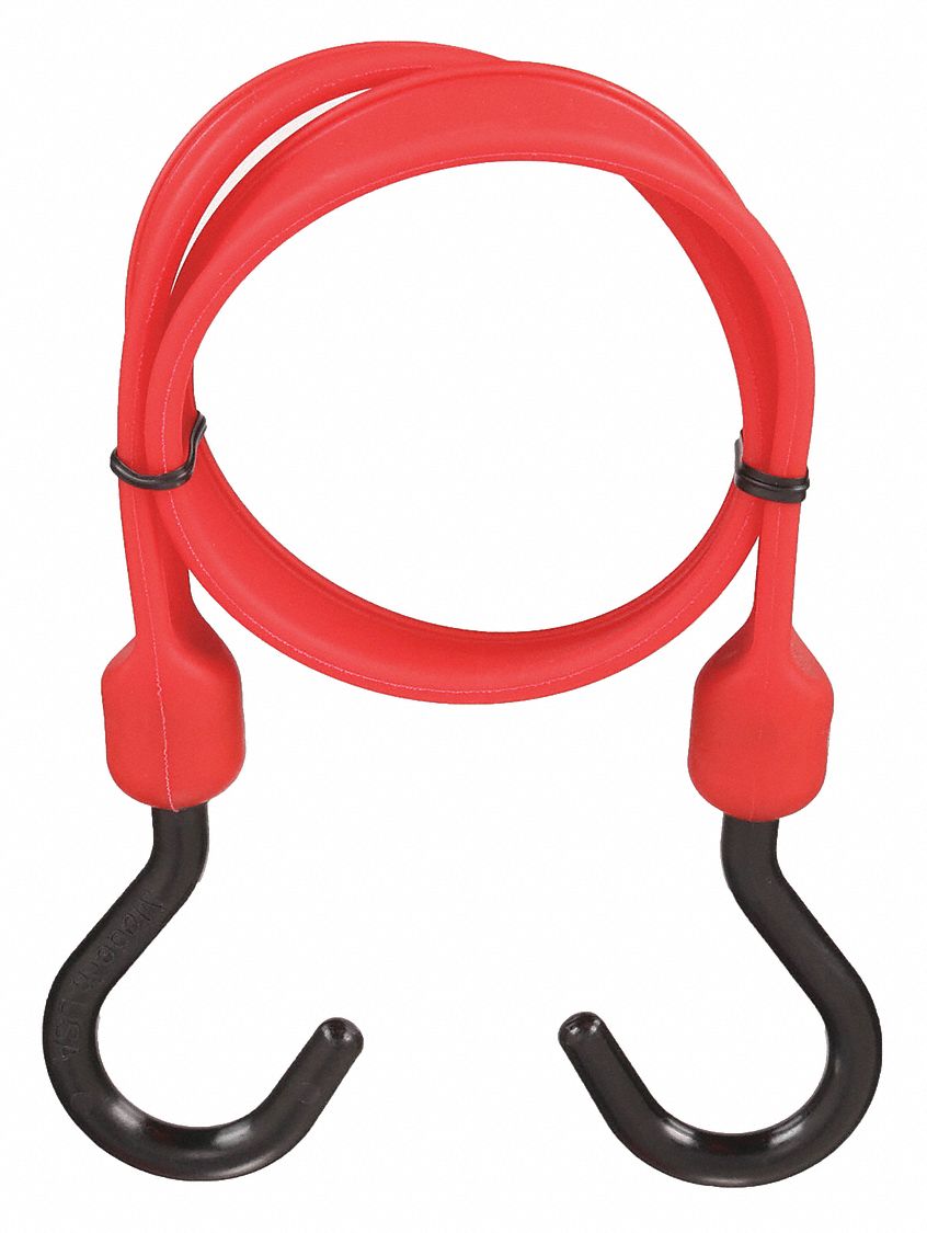 BUNGEE STRAP, S-HOOK, 3 IN HOOK L, POLYURETHANE, 1½ IN W, 24 IN L, RED