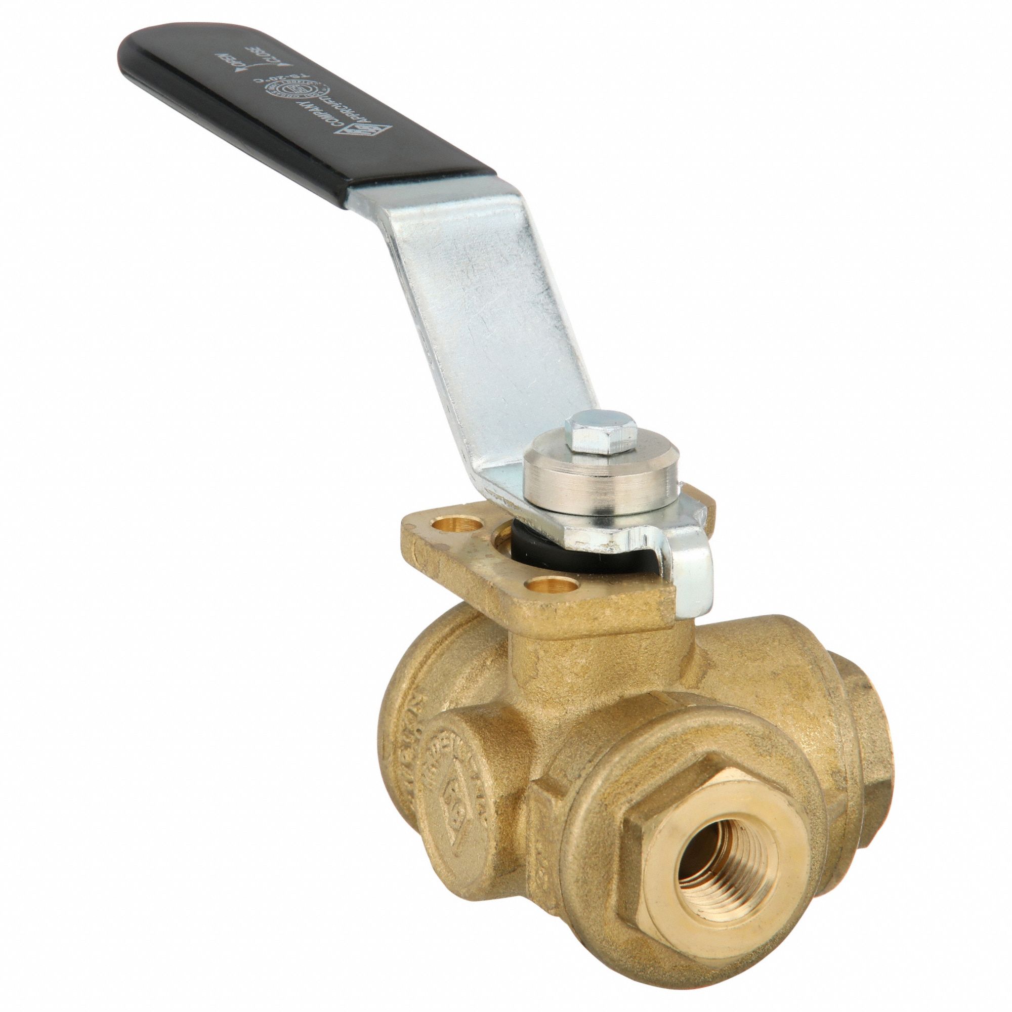 Manual Three-Way Ball Valve: 1/4 in, Brass, L Flow, FNPT x FNPT x FNPT, Std Port Ball Port