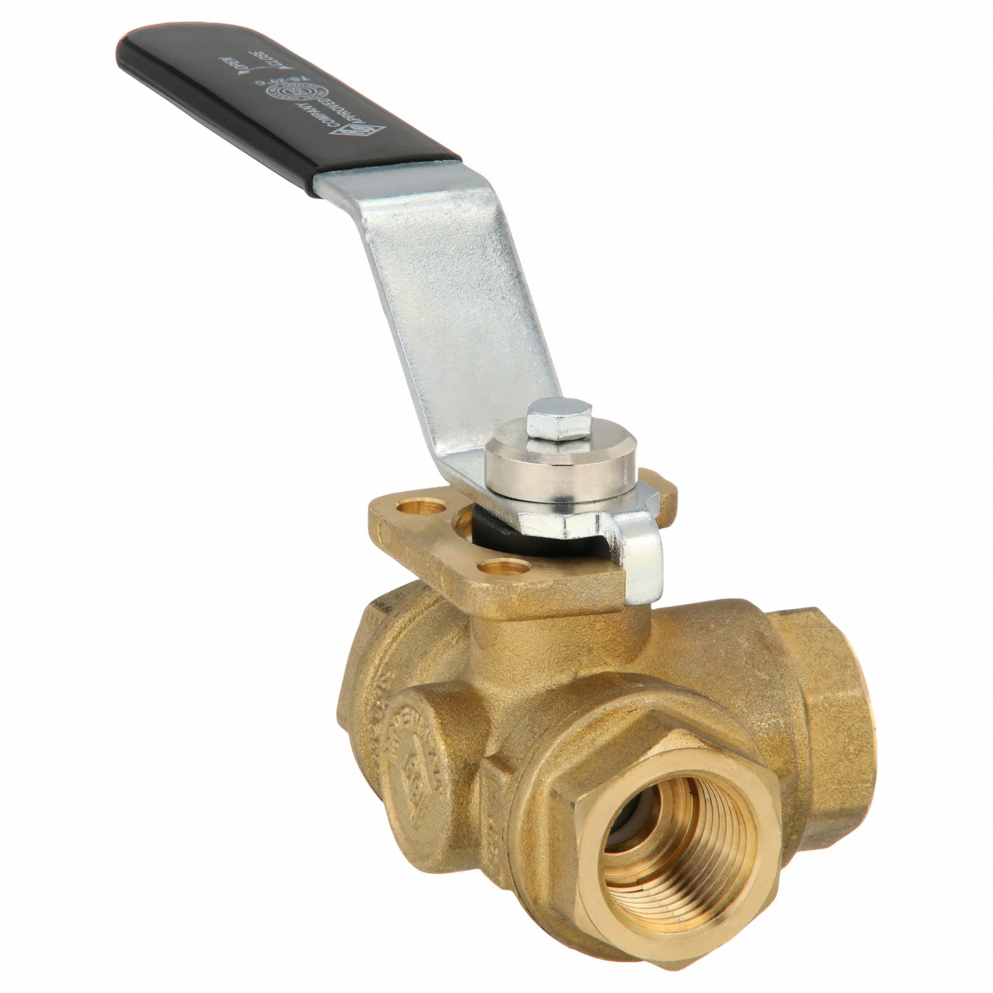Manual Three-Way Ball Valve: 1/2 in, Brass, L Flow, FNPT x FNPT x FNPT, Std Port Ball Port