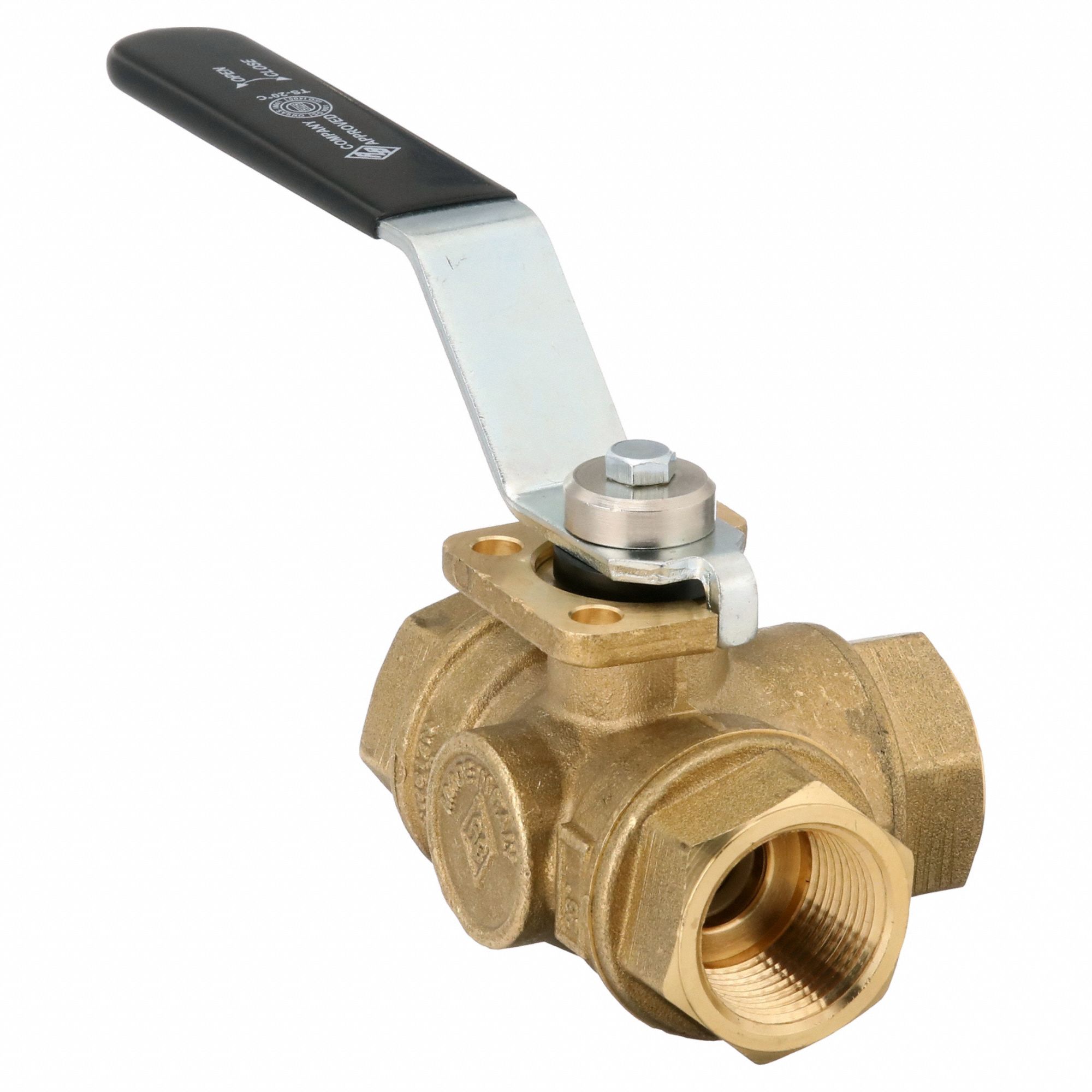 Manual Three-Way Ball Valve: 3/4 in, Brass, L Flow, FNPT x FNPT x FNPT, Std Port Ball Port