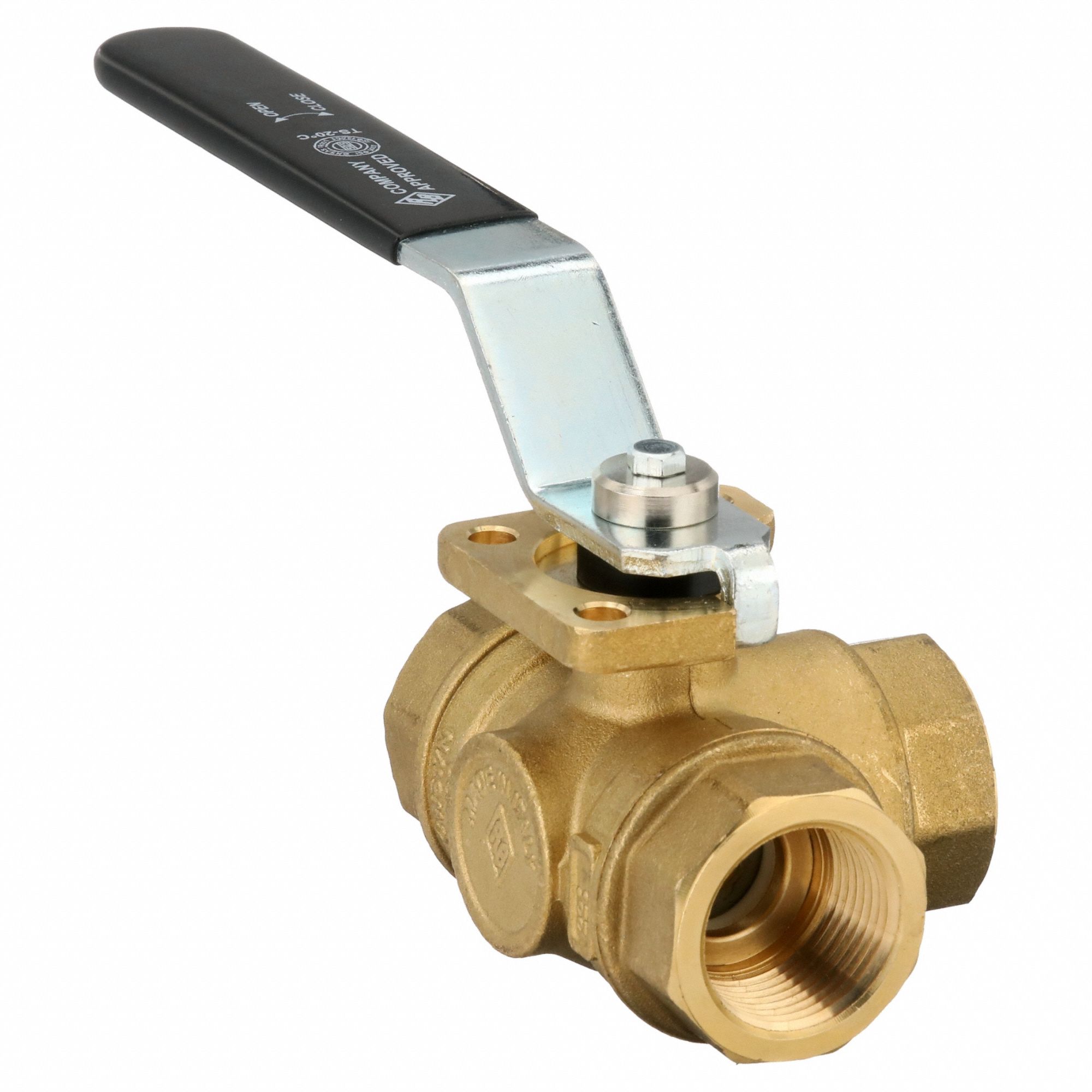 Manual Three-Way Ball Valve: 1 in, Brass, L Flow, FNPT x FNPT x FNPT, Std Port Ball Port