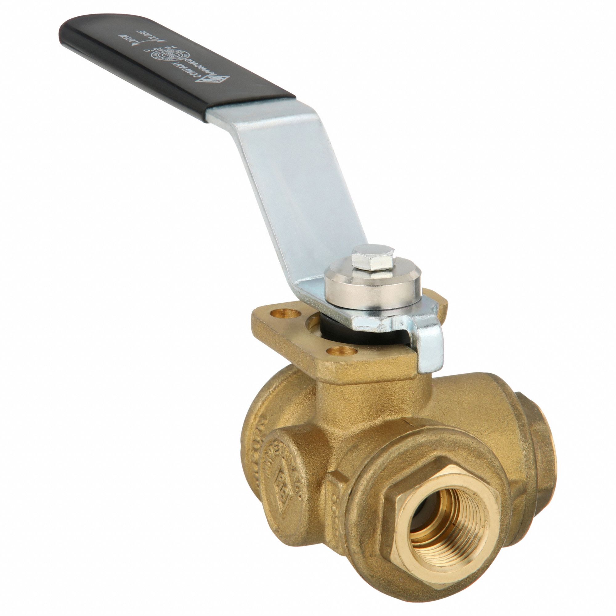 Manual Three-Way Ball Valve: 3/8 in, Brass, T Flow, FNPT x FNPT x FNPT, Std Port Ball Port