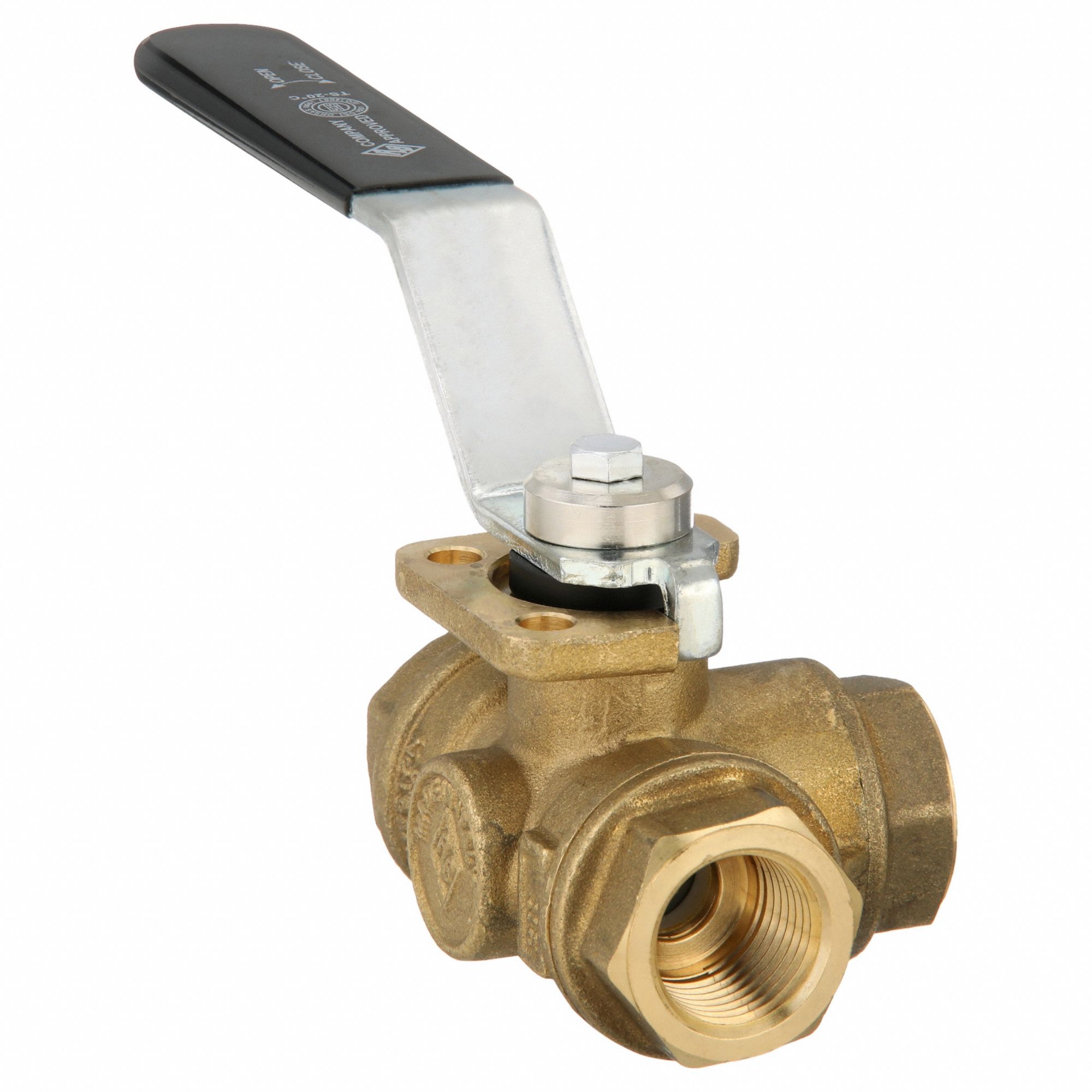 Manual Three-Way Ball Valve: 1/2 in, Brass, T Flow, FNPT x FNPT x FNPT, Std Port Ball Port