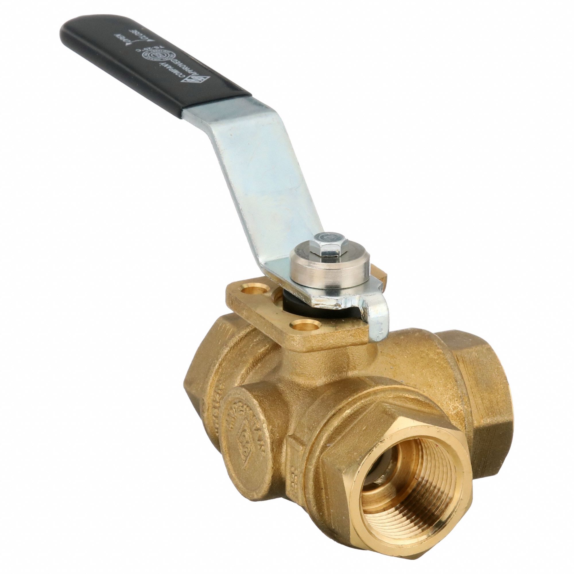 Manual Three-Way Ball Valve: 3/4 in, Brass, T Flow, FNPT x FNPT x FNPT, Std Port Ball Port