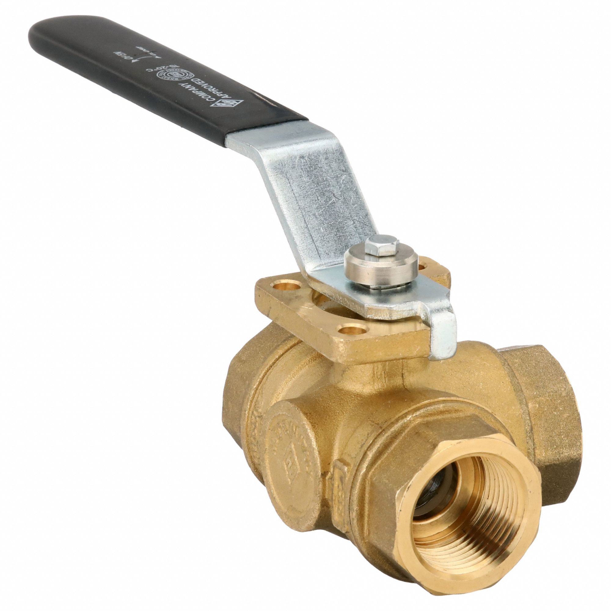 Manual Three-Way Ball Valve: 1 in, Brass, T Flow, FNPT x FNPT x FNPT, Std Port Ball Port